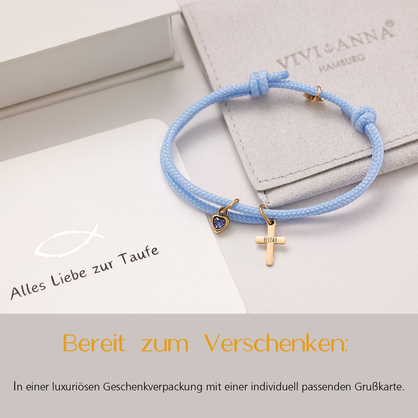 Mini Kreuz Paracord Armband mit Herz Geburtsstein - Geschenk zur Taufe mit Karte