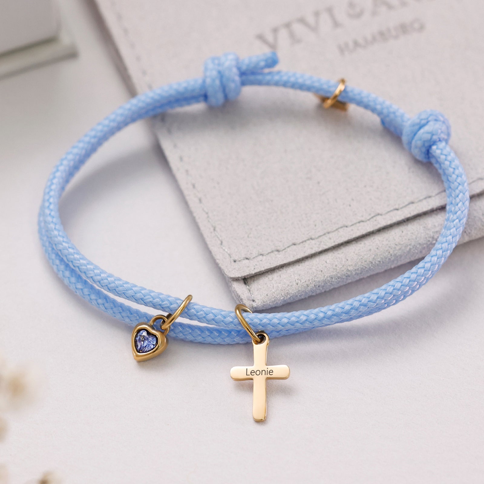 Mini Kreuz Paracord Armband mit Herz Geburtsstein - Geschenk zur Taufe mit Karte