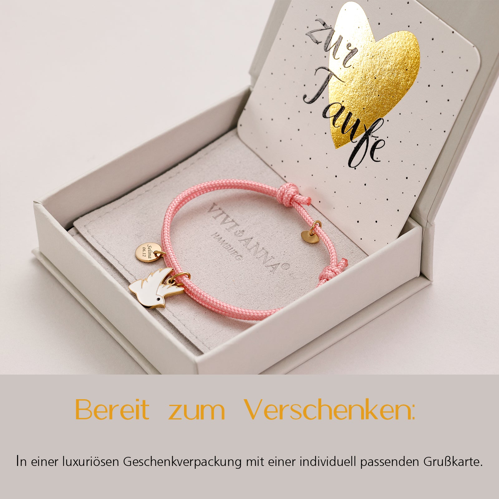 Peace Friedenstaube personalisiertes Armband - Geschenk zur Taufe mit Karte