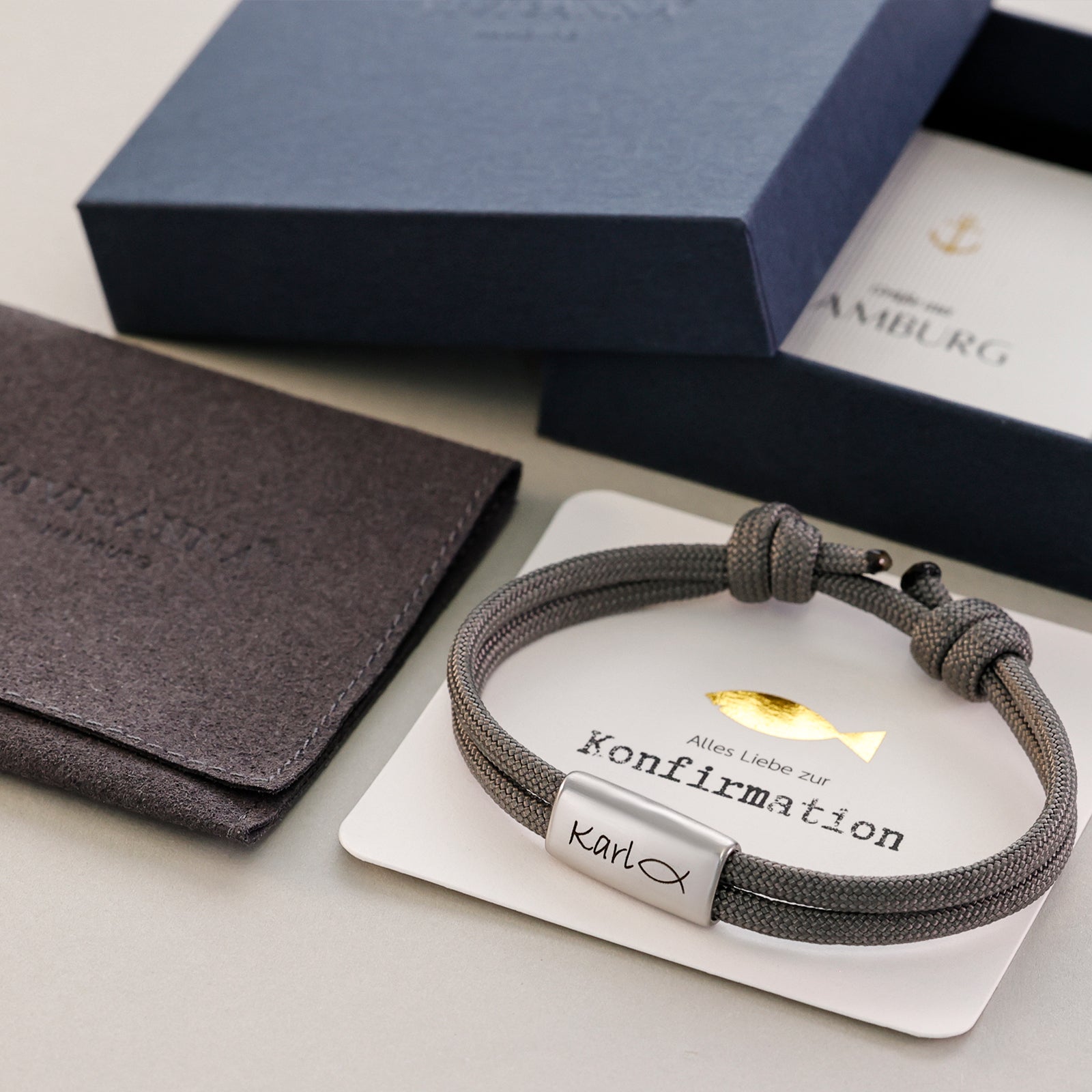 Personalisiertes Segeltau Armband mit Gravur - Geschenk zur Konfirmation mit Karte