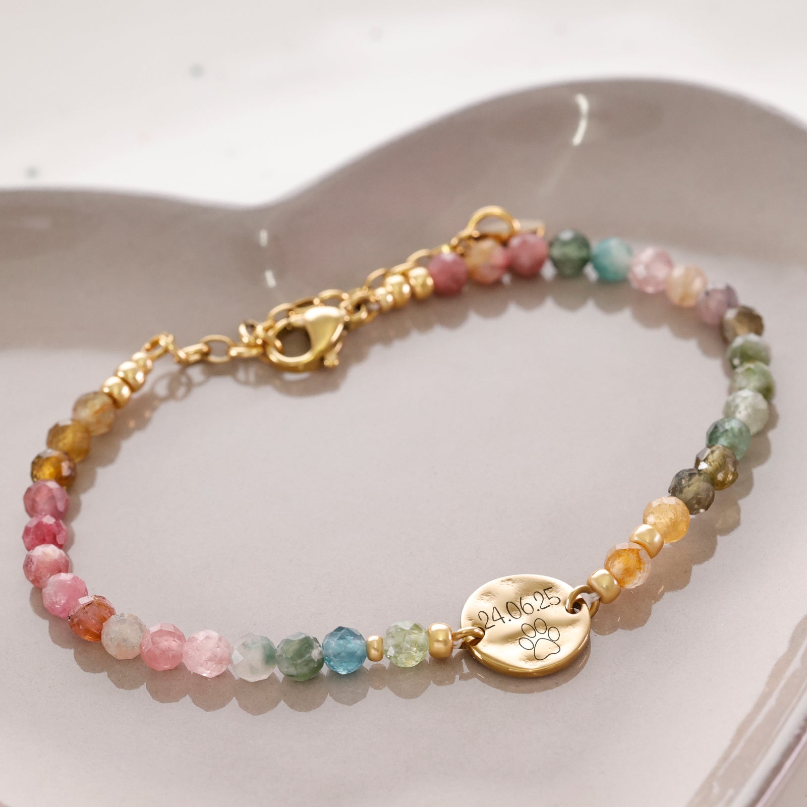 Rainbow tourmaline bracelet with hammered plate