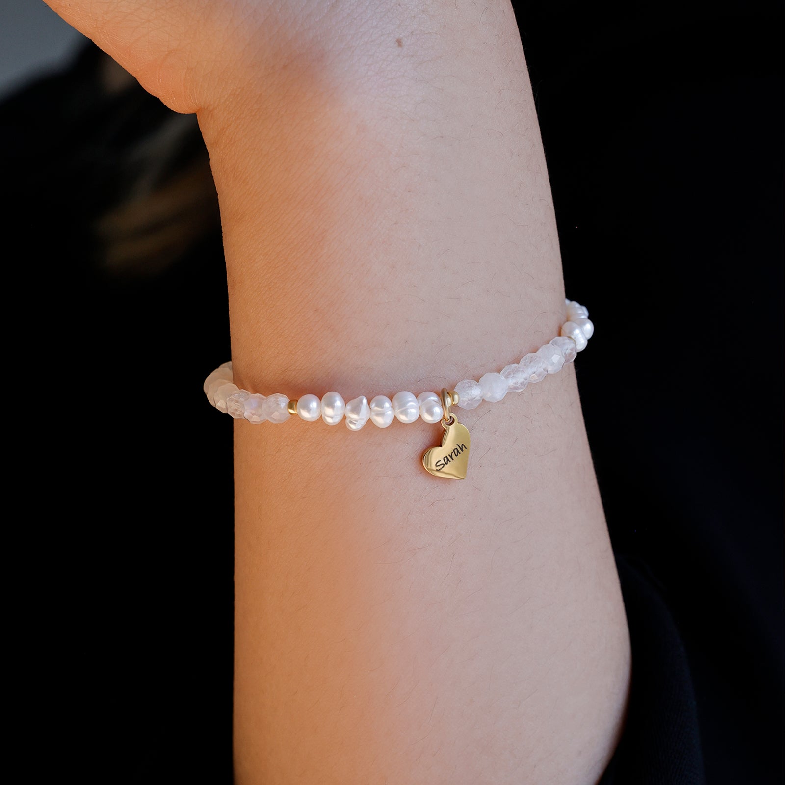 Süßwasserperlen & Mondstein Armband mit Herz Anhänger