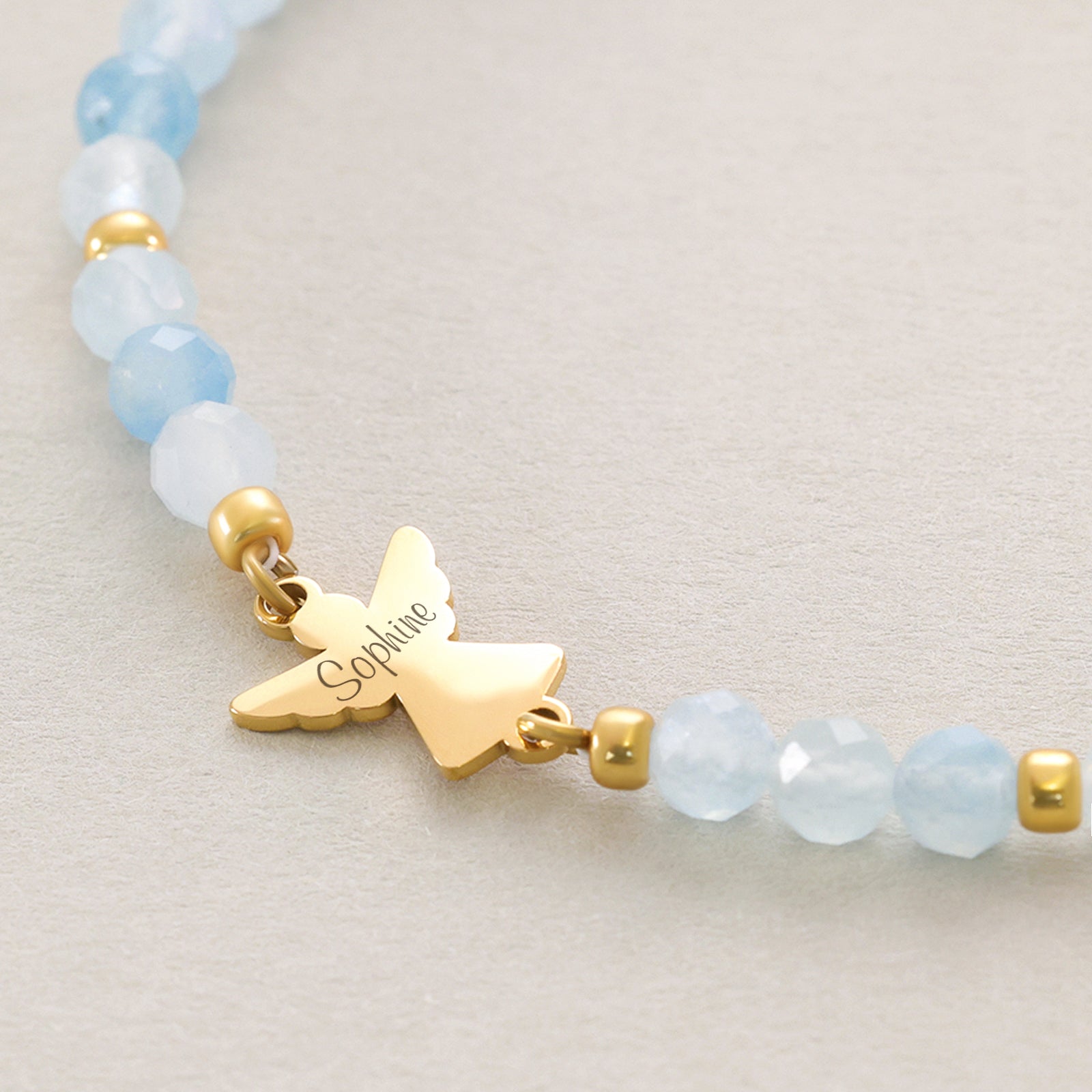 Aquamarin Schutzengel Armband mit Gravur Name - Geschenk zur Einschulung mit Karte Kinder Armband VIVIANNASCHMUCK