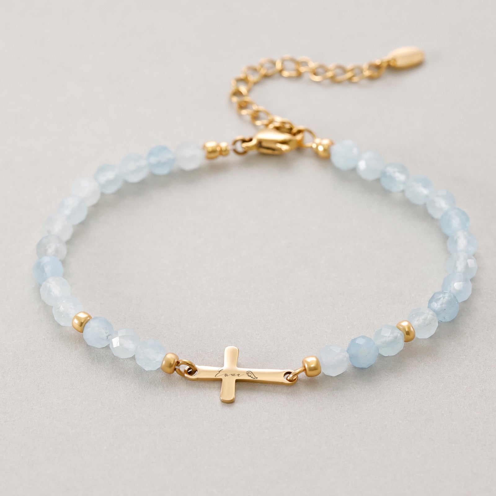 Aquamarin Kreuz Armband - Geschenk zur Kommunion mit Karte