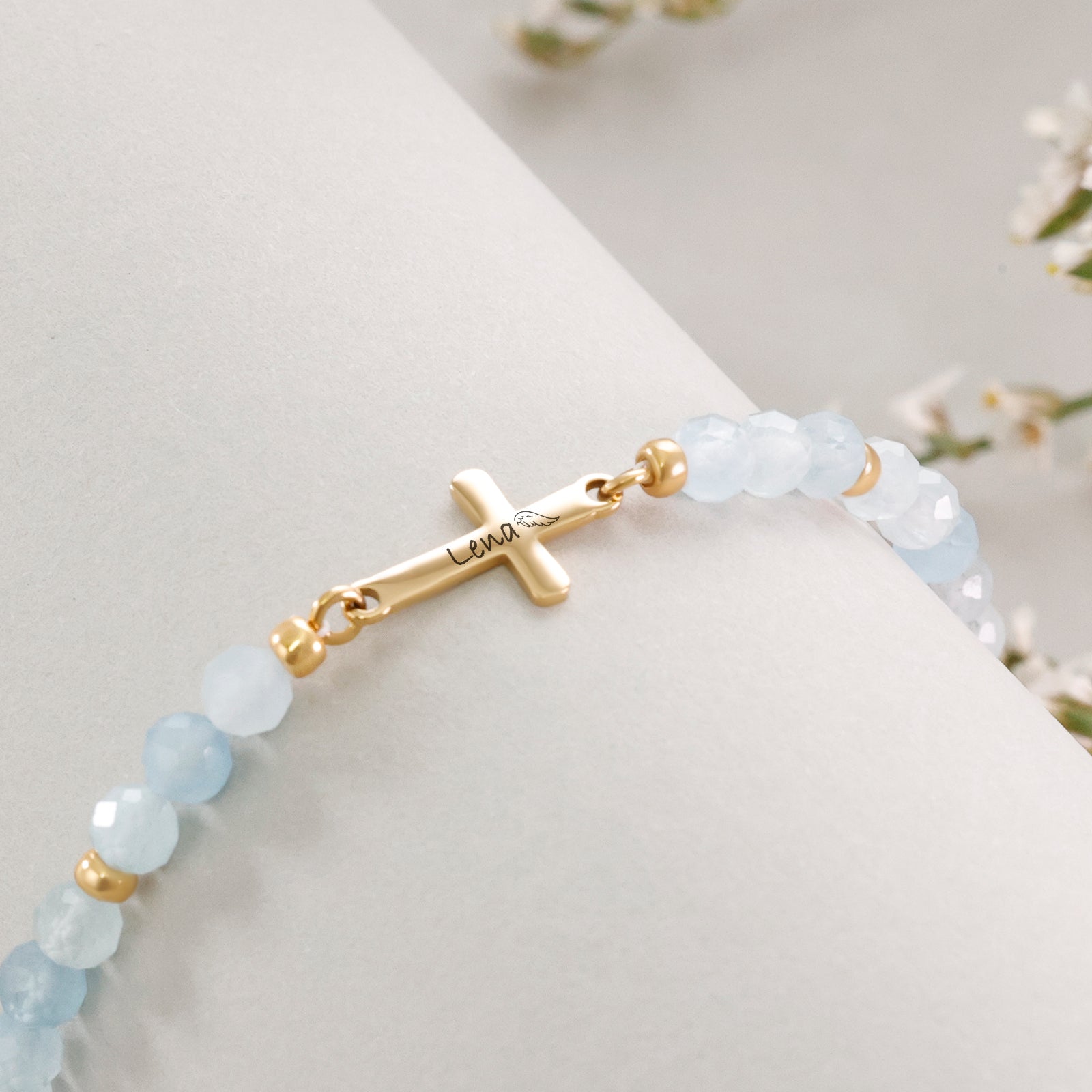 Aquamarine Cross Bracelet - Communion Gift with Card