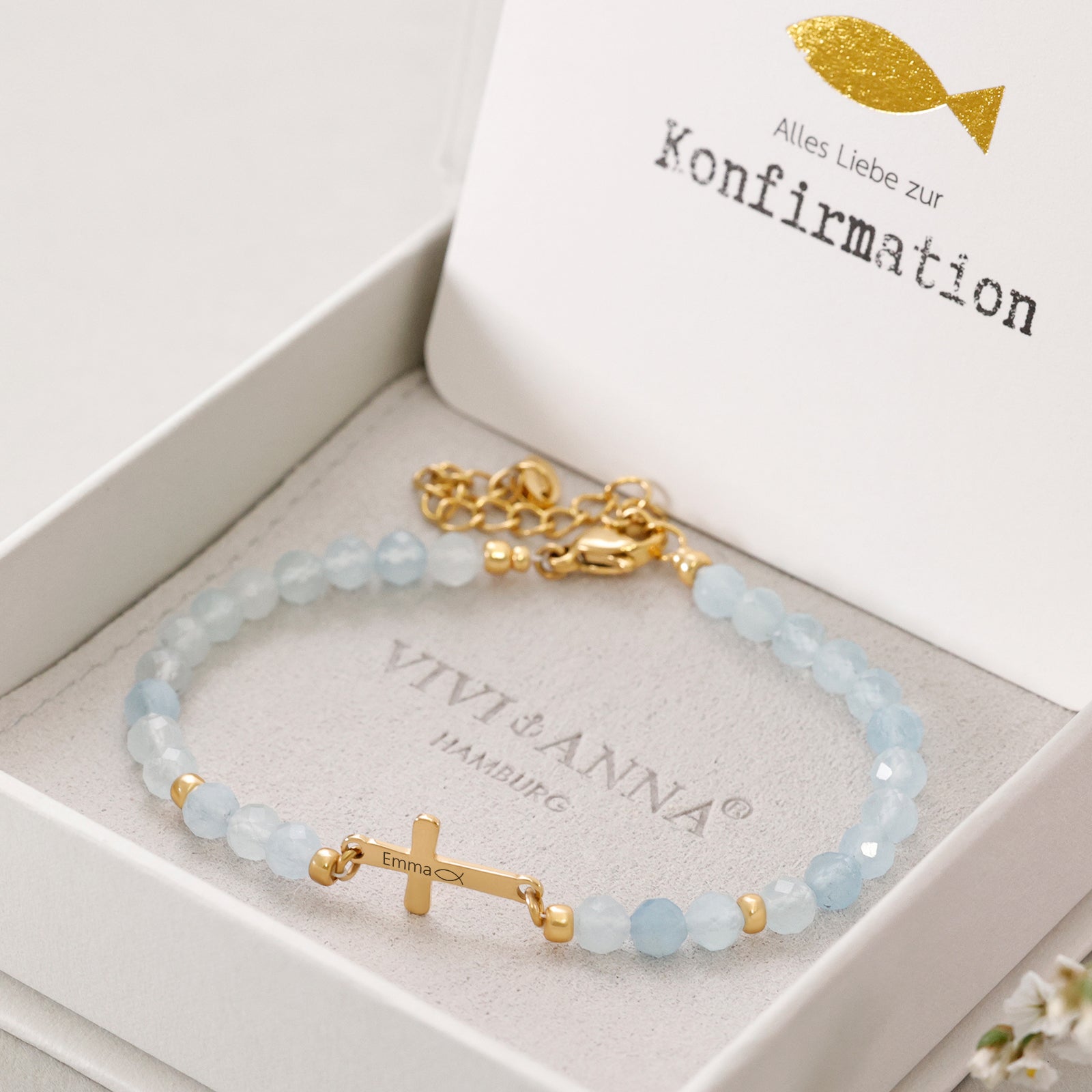 Aquamarin Kreuz Armband - Geschenk zur Konfirmation mit Karte