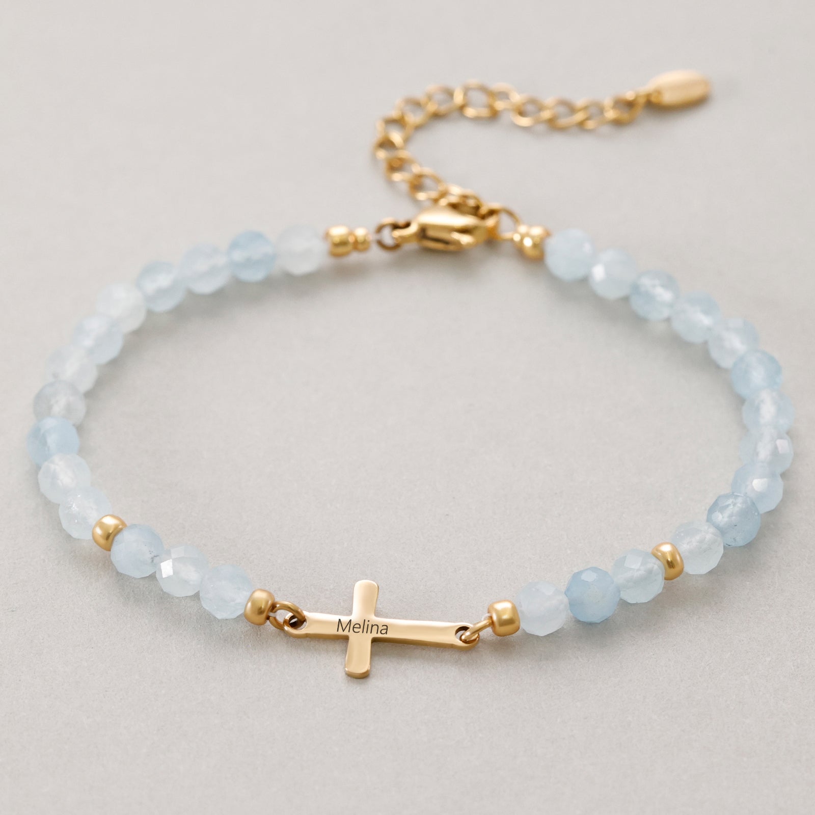 Aquamarin Kreuz Armband - Geschenk zur Konfirmation mit Karte