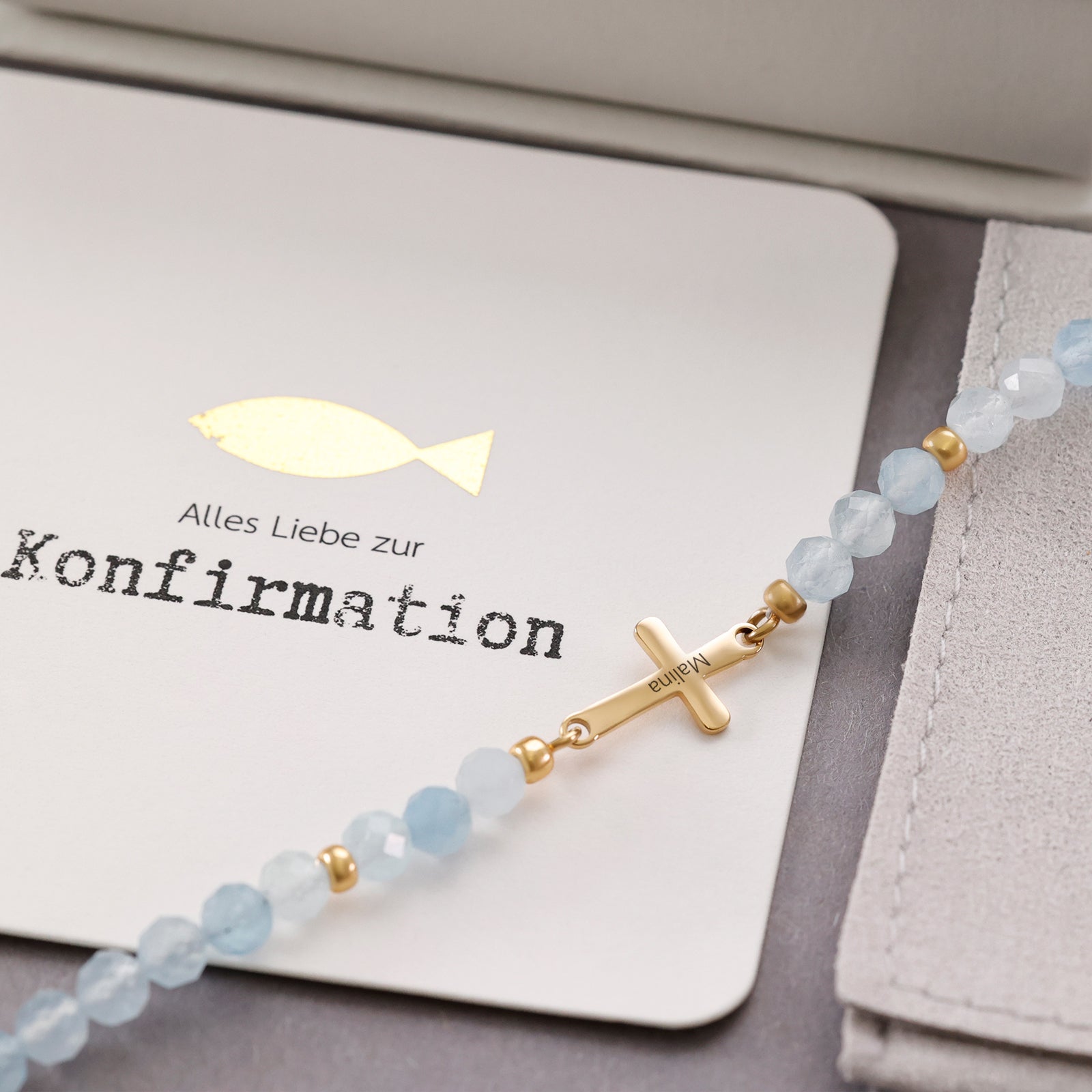Aquamarin Kreuz Armband - Geschenk zur Konfirmation mit Karte