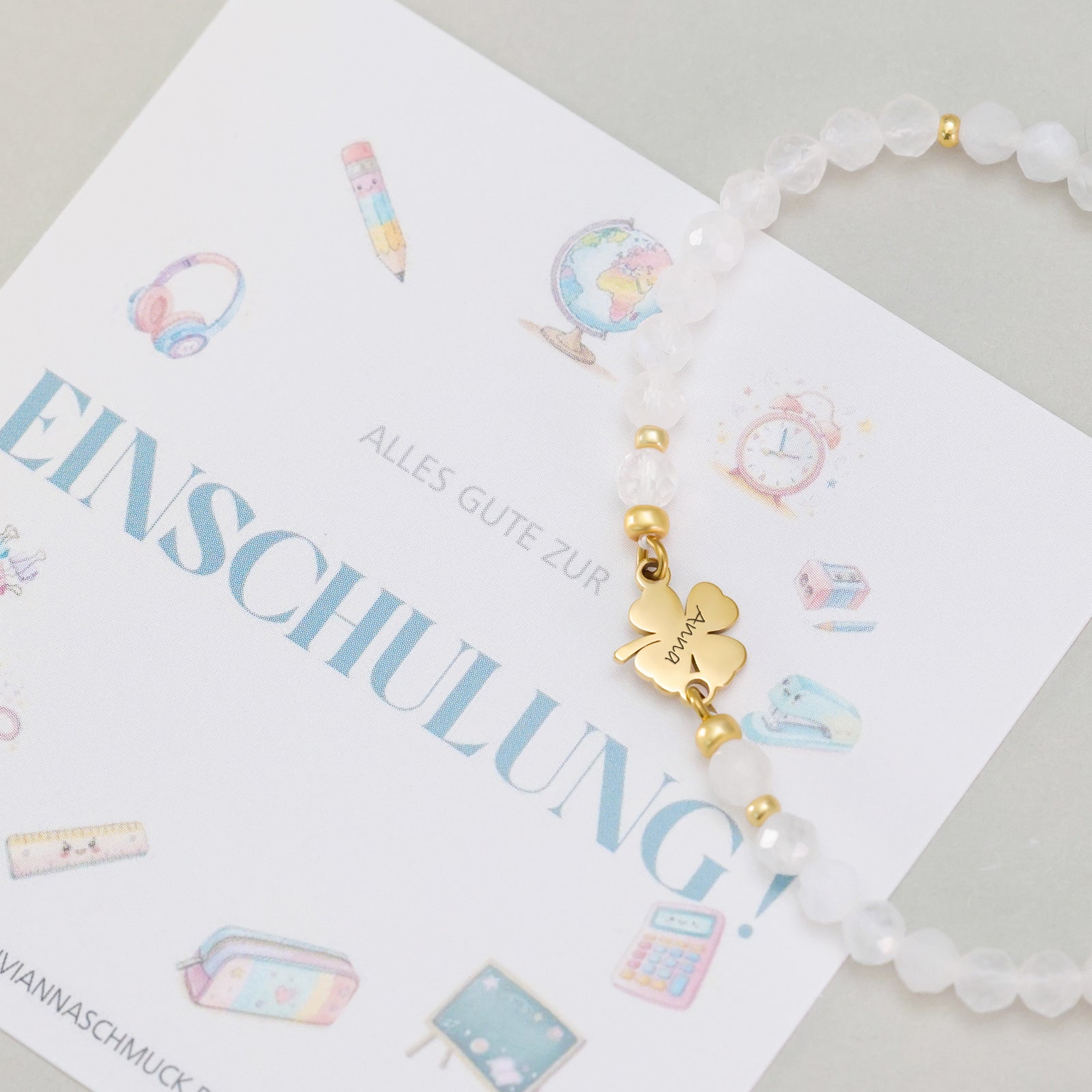 Mondstein Armband mit gravierbarem Kleeblatt - Geschenk zur Einschulung mit Karte Kinder Armband VIVIANNASCHMUCK