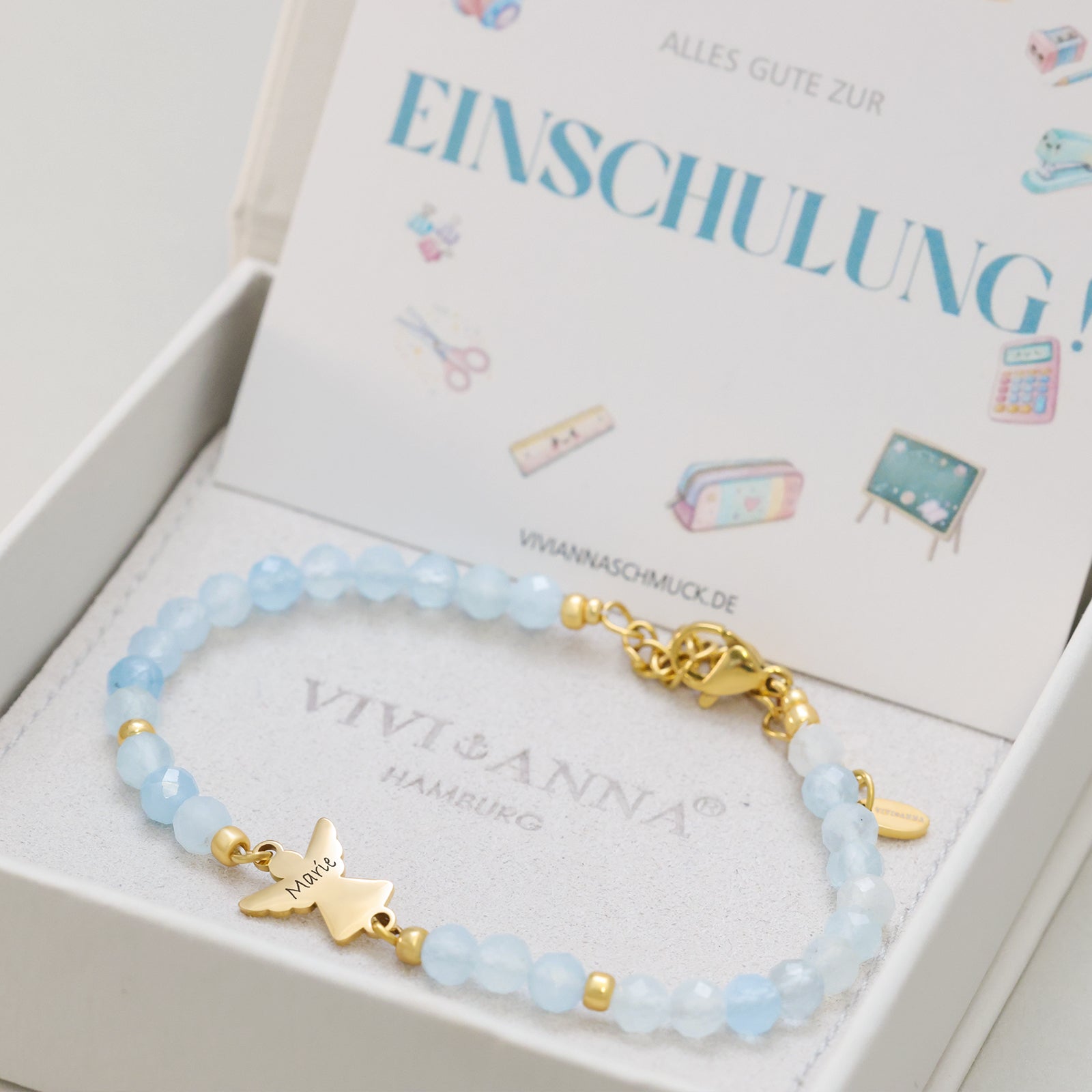 Aquamarin Schutzengel Armband mit Gravur Name - Geschenk zur Einschulung mit Karte Kinder Armband VIVIANNASCHMUCK