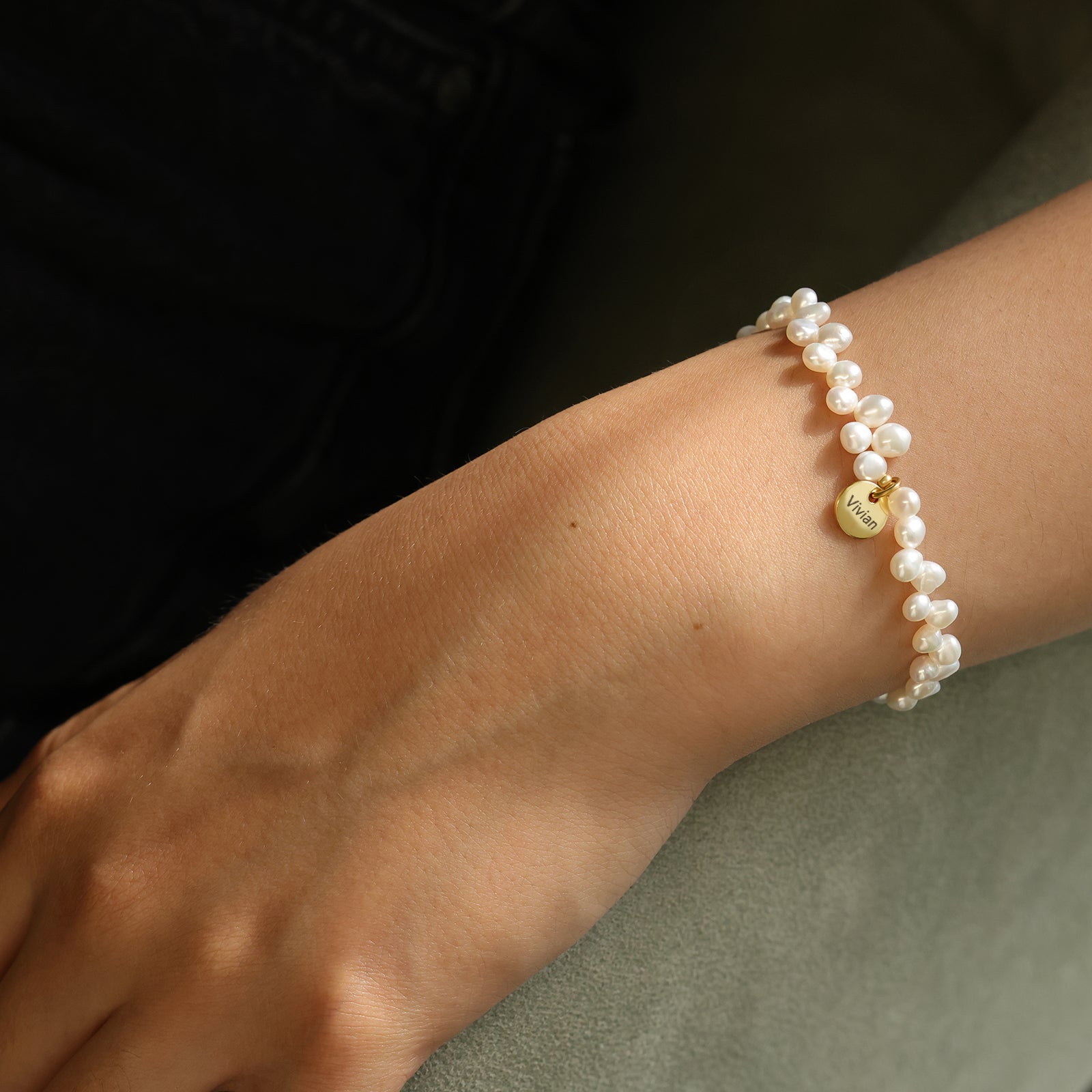 Süßwasserperlen Armband mit Gravur-Plättchen - 925er Sterling Silber