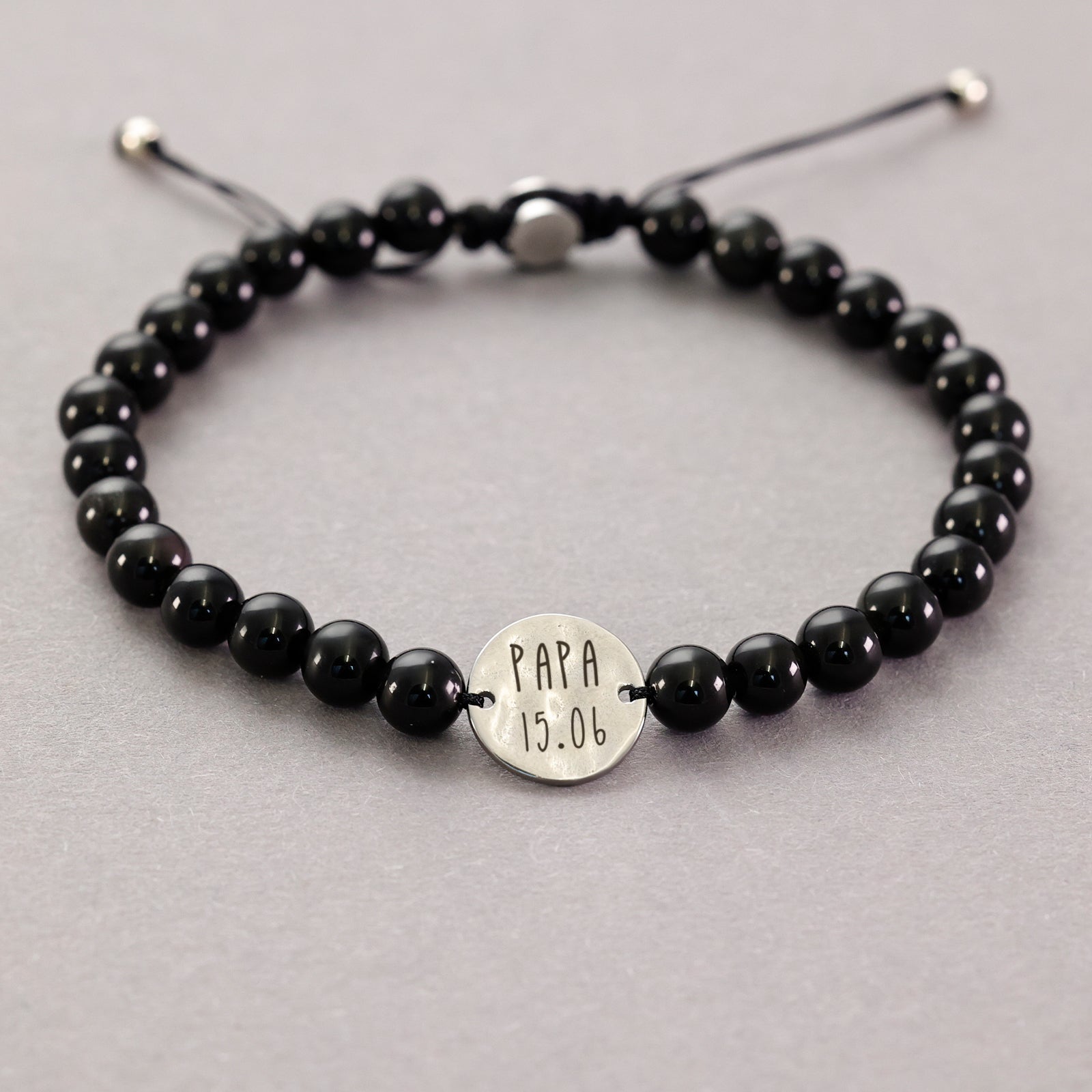 Obsidian Perlenarmband mit Gravur - mit Hammerschlagplättchen Herren Armband VIVIANNASCHMUCK