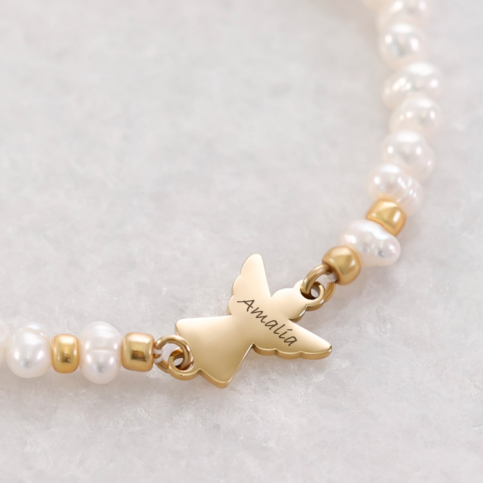 Personalized protective bracelet with guardian angel & freshwater pearls