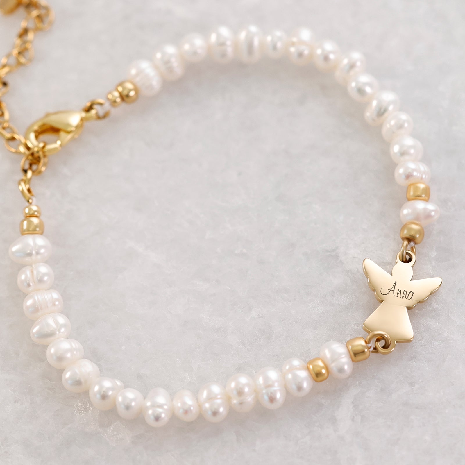 Personalized protective bracelet with guardian angel & freshwater pearls