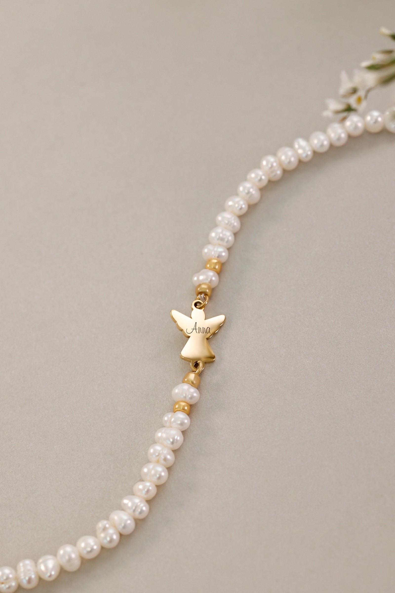 Personalized protective bracelet with guardian angel & freshwater pearls