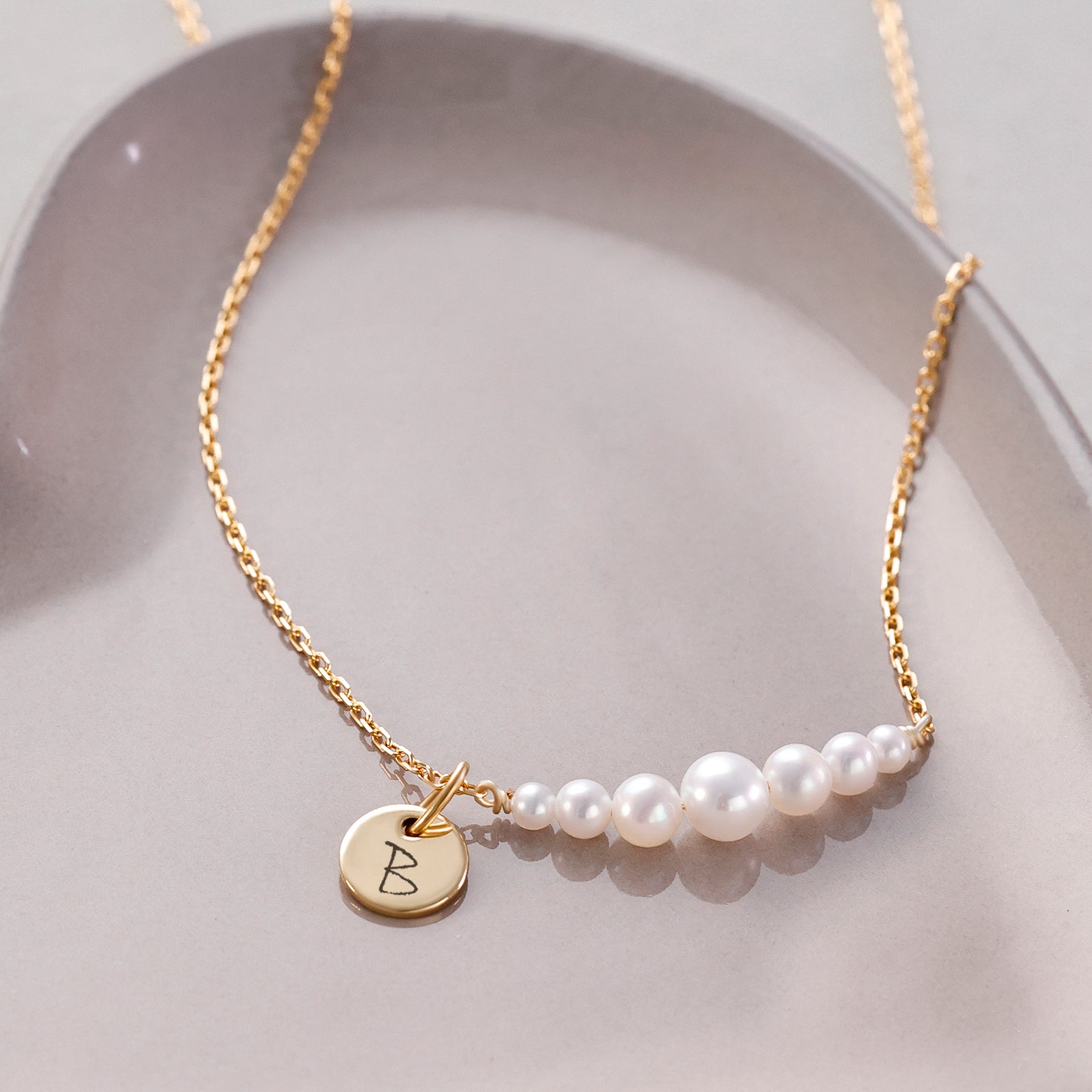 Personalized Hammered Disc with Freshwater Pearl Necklace - 925 Sterling Silver