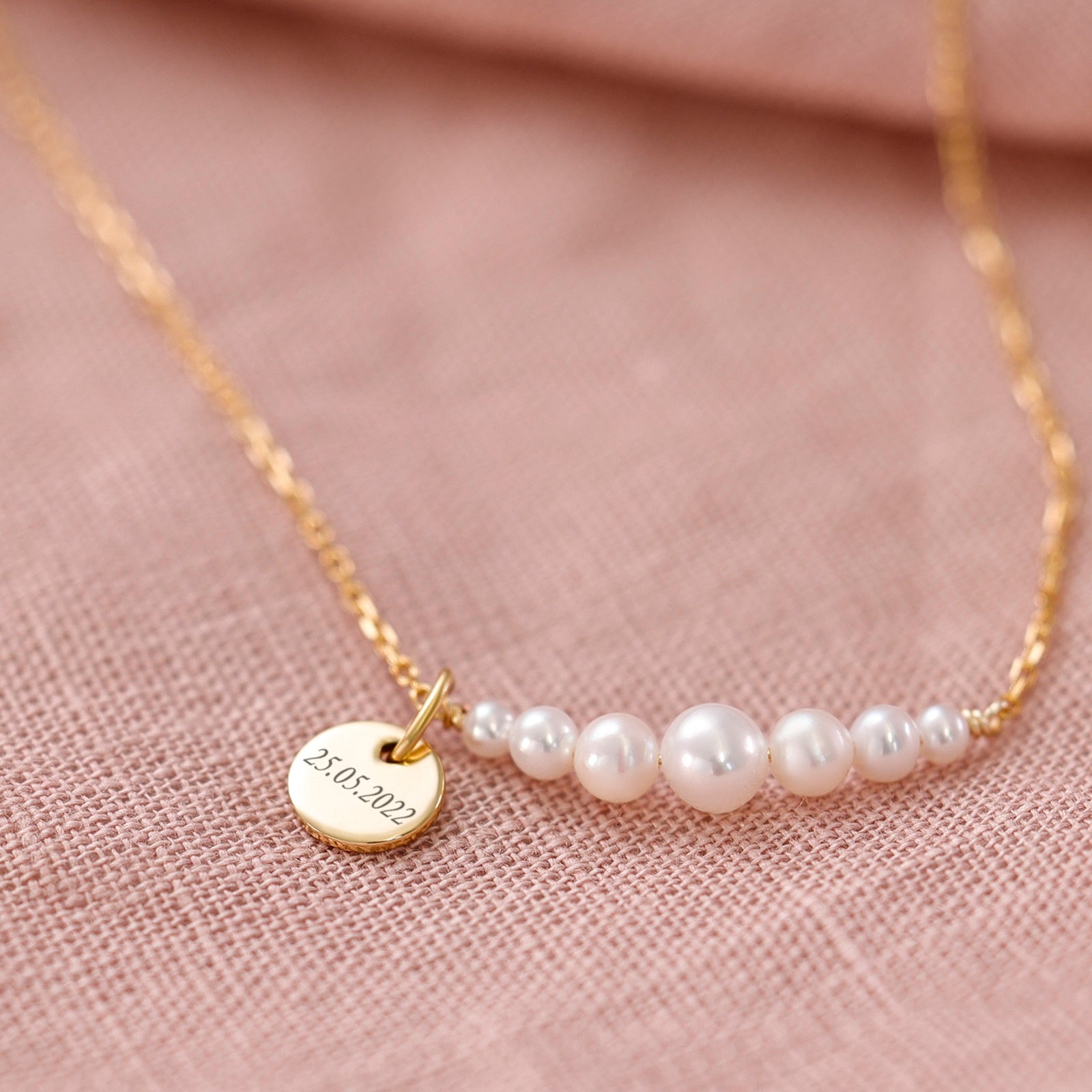 Personalized Hammered Disc with Freshwater Pearl Necklace - 925 Sterling Silver