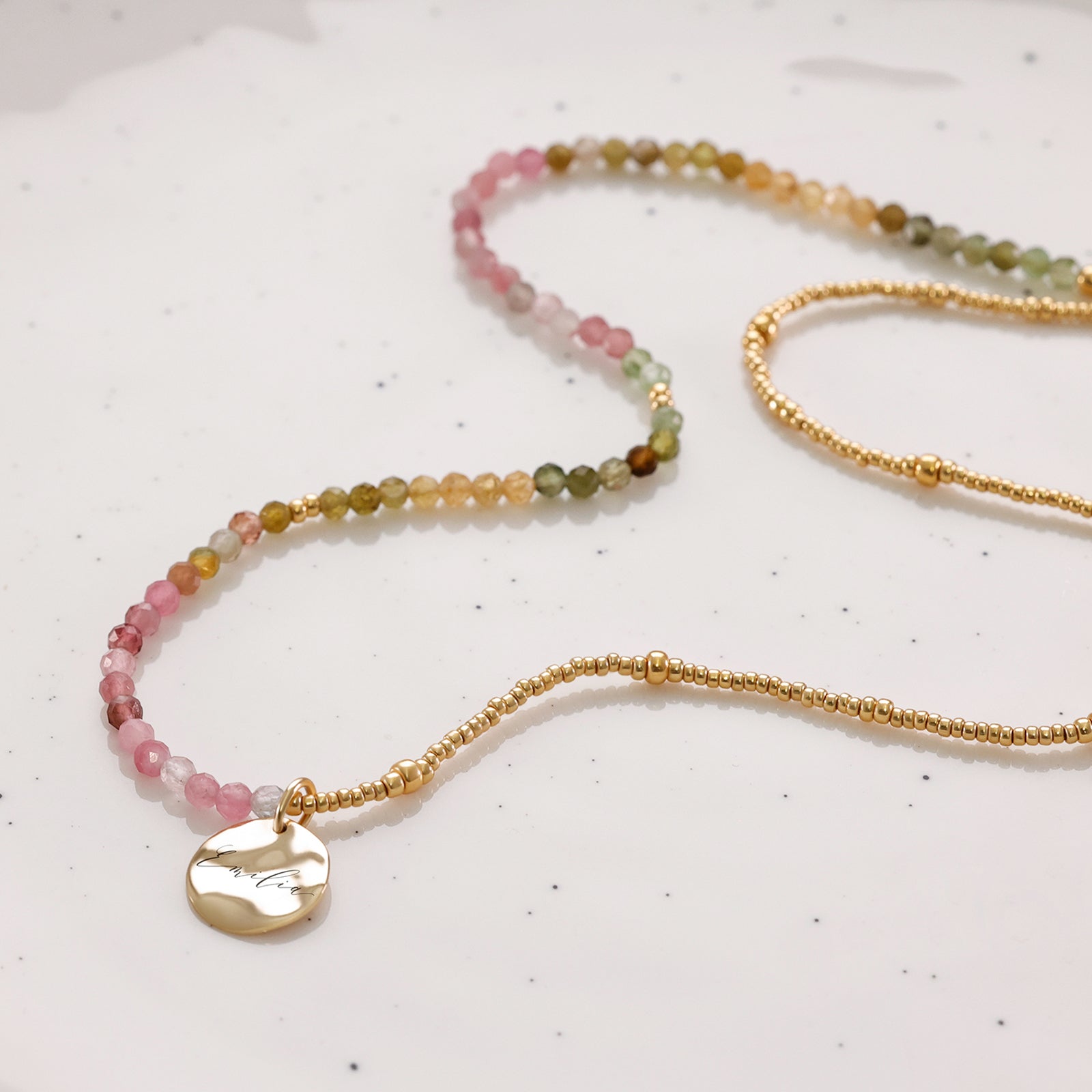 Regenbogen-Turmalin Halskette mit Hammerschlagplättchen - 925er Sterling Silber