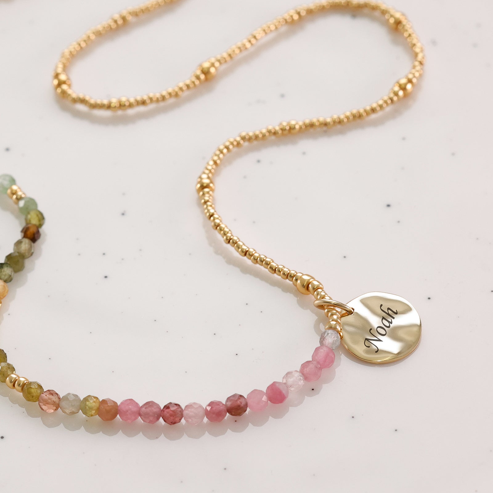 Regenbogen-Turmalin Halskette mit Hammerschlagplättchen - 925er Sterling Silber