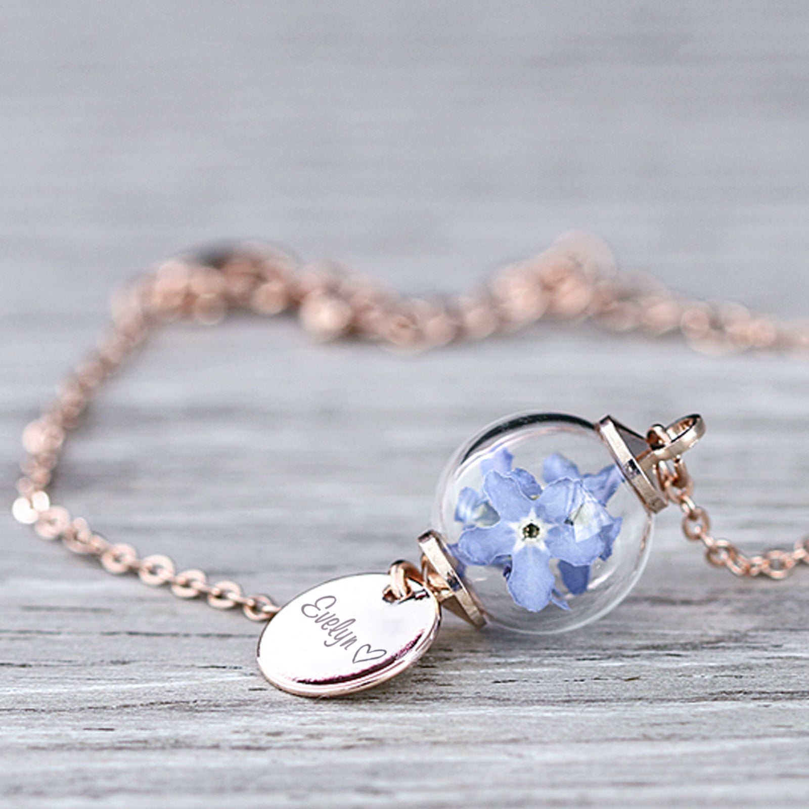 Personalized bracelet with real forget-me-nots - bracelet with desired engraving - wedding bracelet - keepsake gift for girlfriend - A050