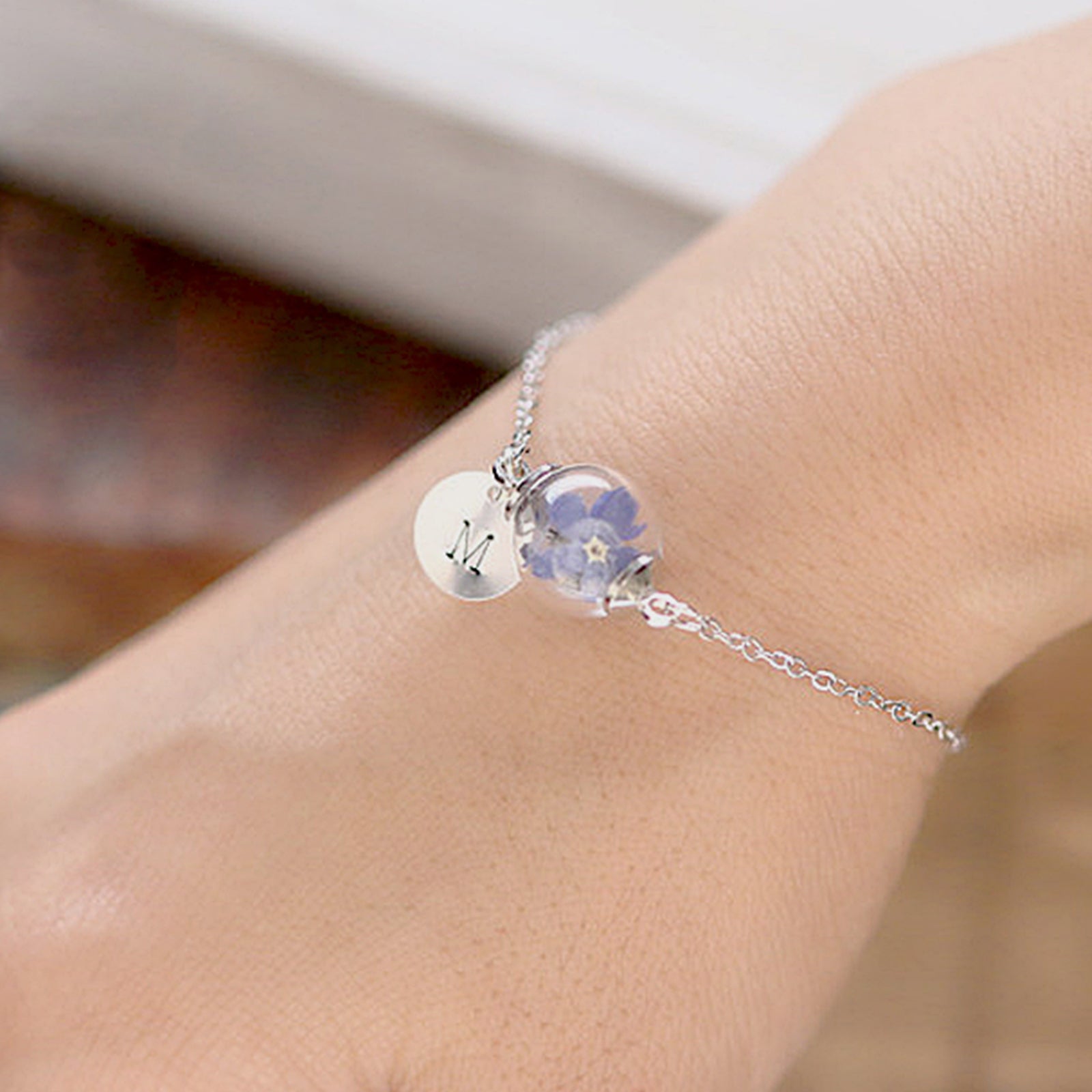 Personalized bracelet with real forget-me-nots - bracelet with desired engraving - wedding bracelet - keepsake gift for girlfriend - A050