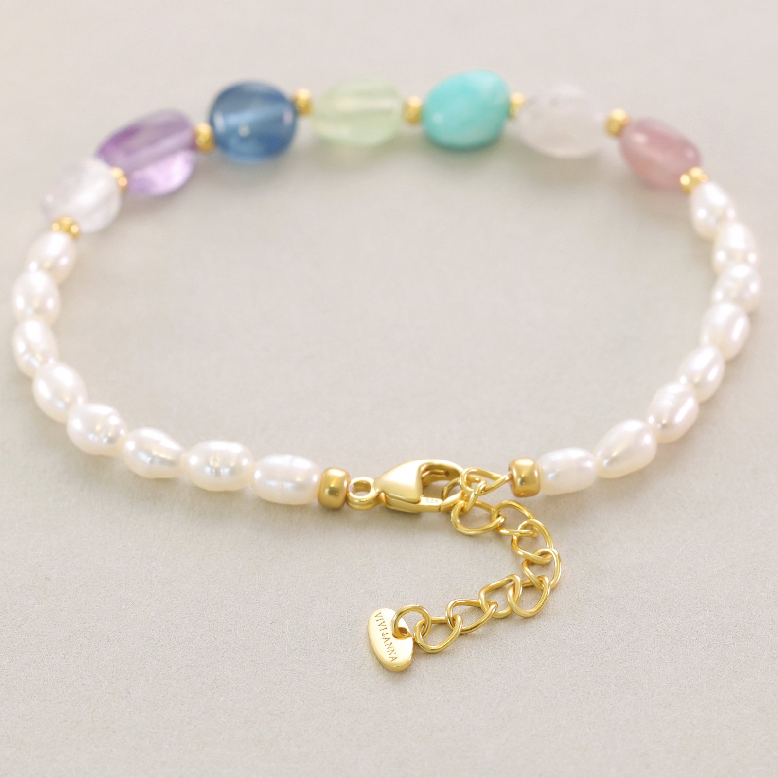 Edelsteinarmband mit Süßwasserperlen & Chakrafarben - 925 Sterling Silber