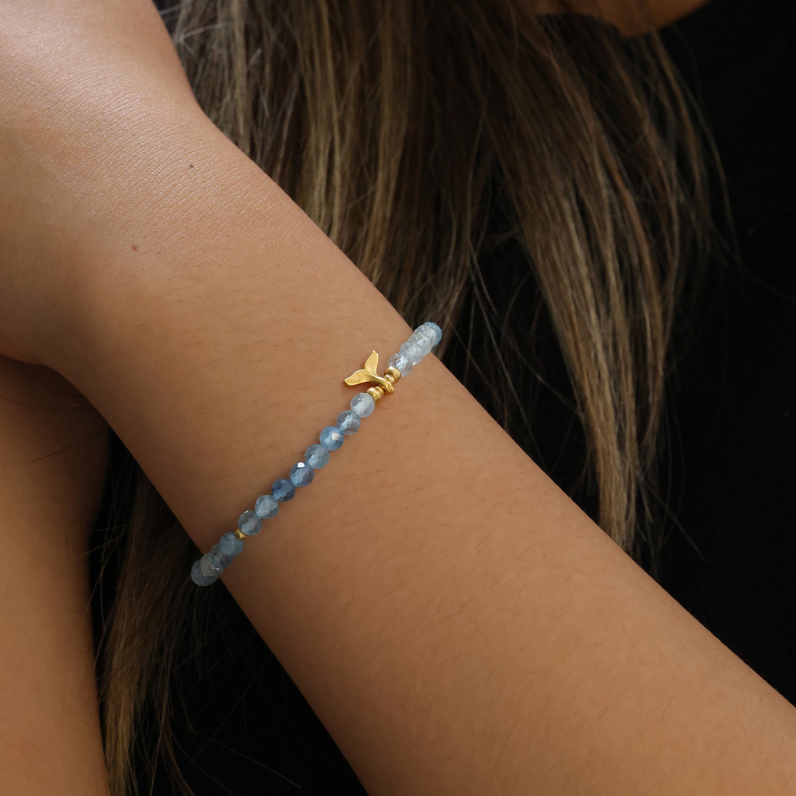 Aquamarin Armband mit Walflosse Anhänger - 925er Sterling Silber