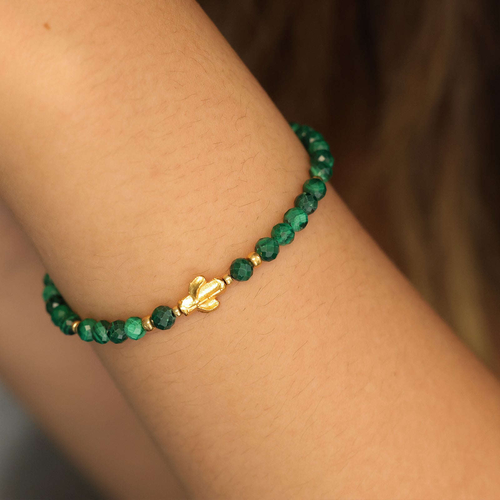 Malachit Armband mit Kaktus Charm - 925er Sterling Silber