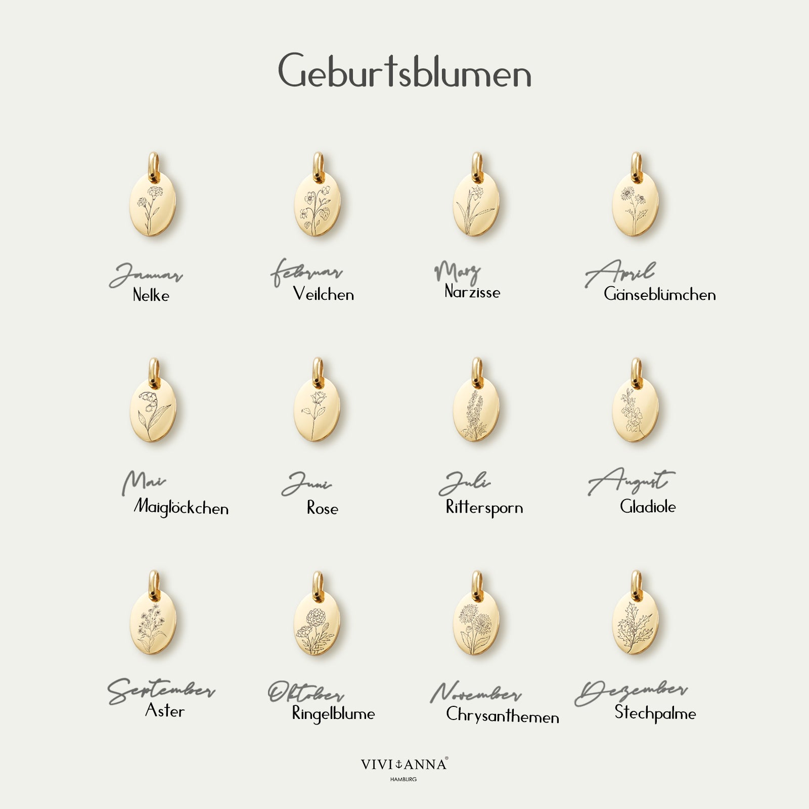 Geburtsblumen Halskette – Ovaler Anhänger mit Gravur Damen Halskette VIVIANNASCHMUCK