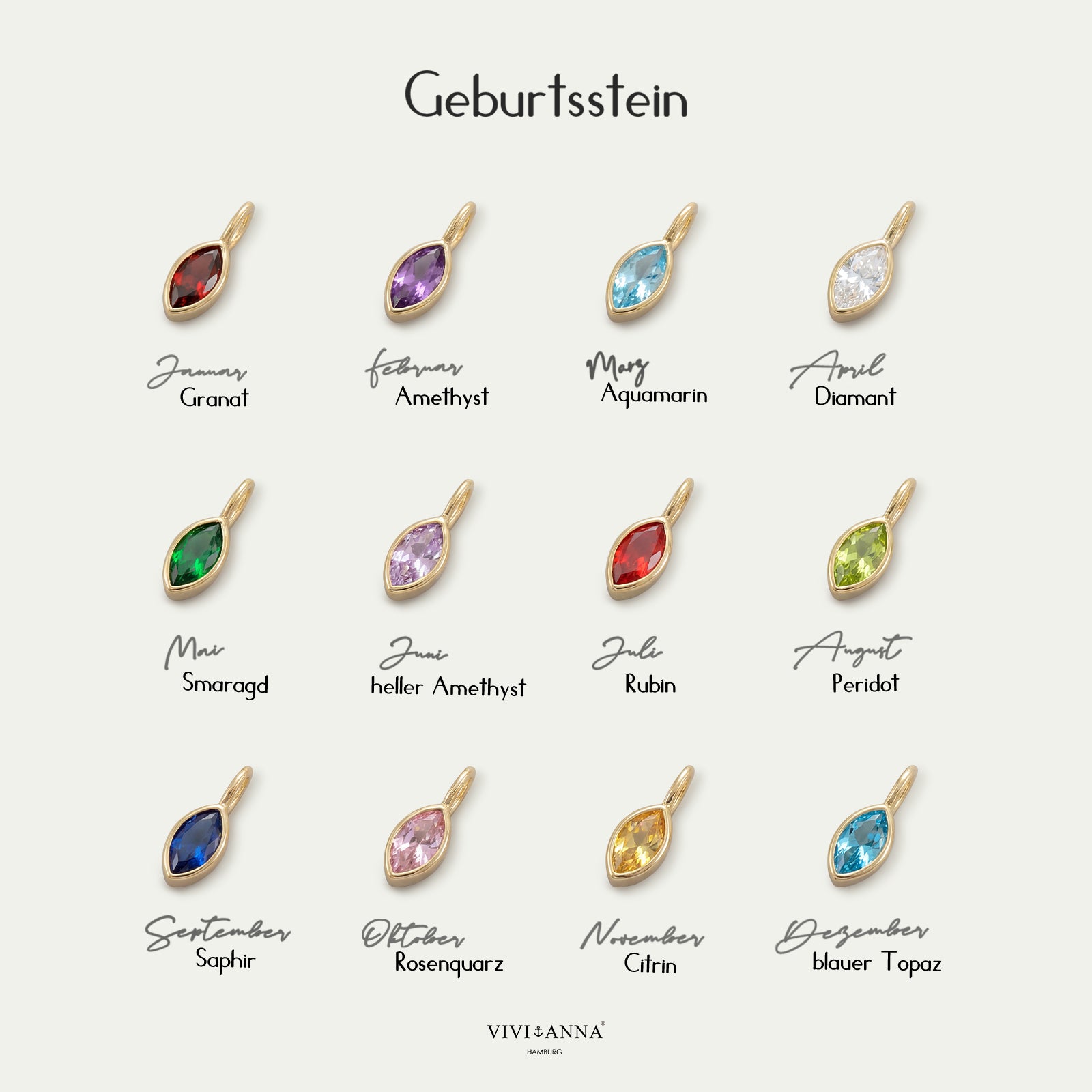 Zusatz-Geburtsstein-Navetteanhänger aus 925er Silber Add-on VIVIANNASCHMUCK