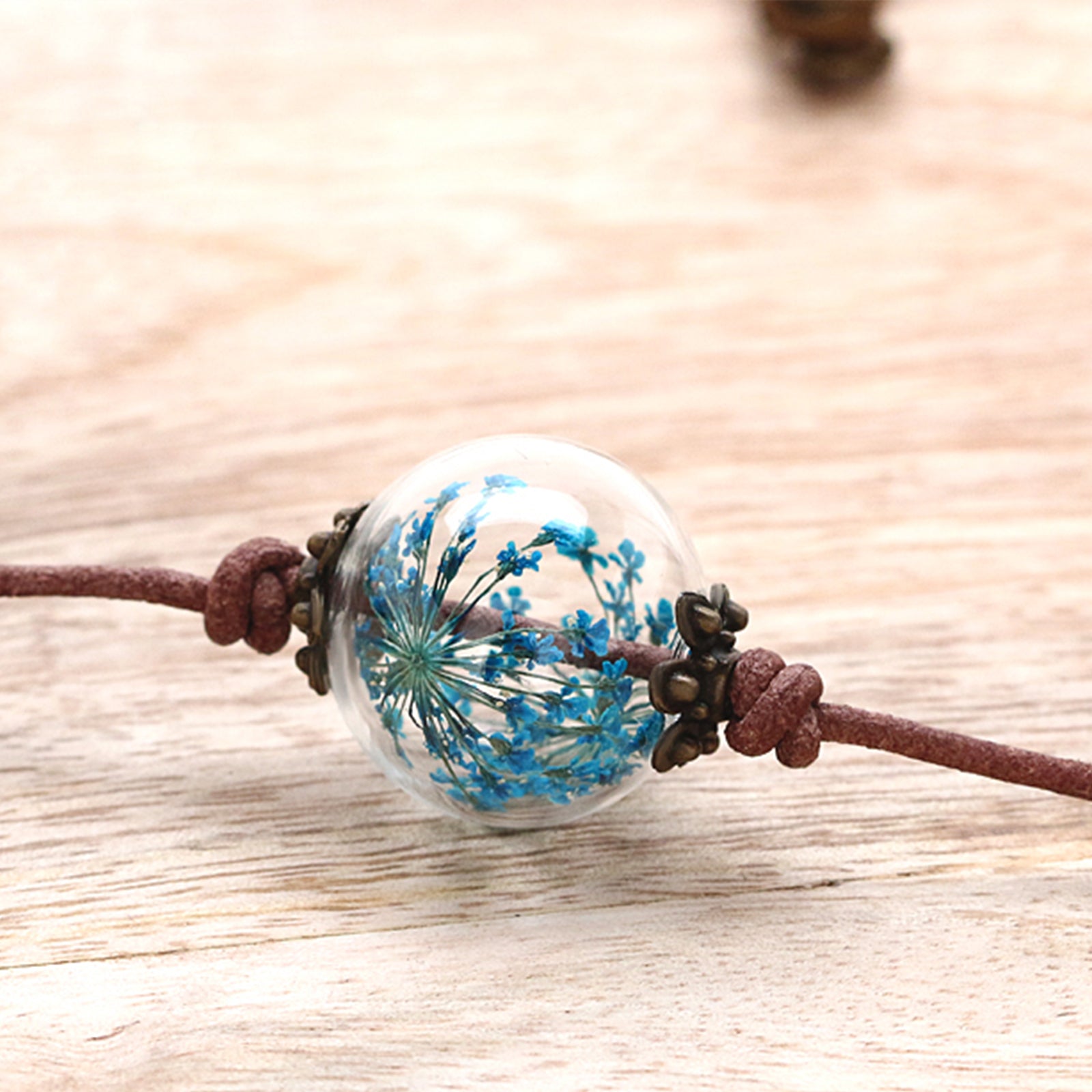 Leather necklace made of real turquoise dill flowers