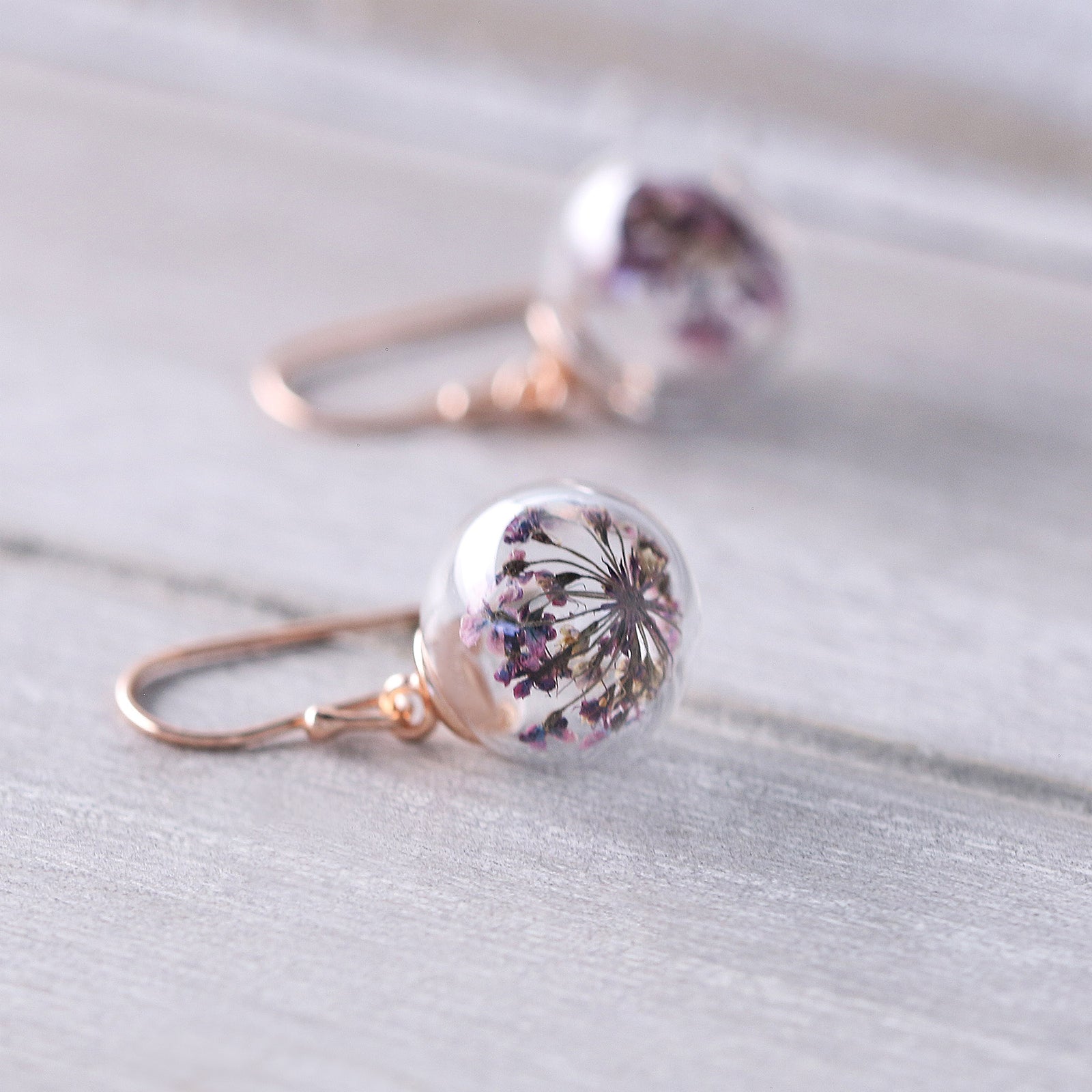 Earrings with real purple dill flowers - 925 sterling silver