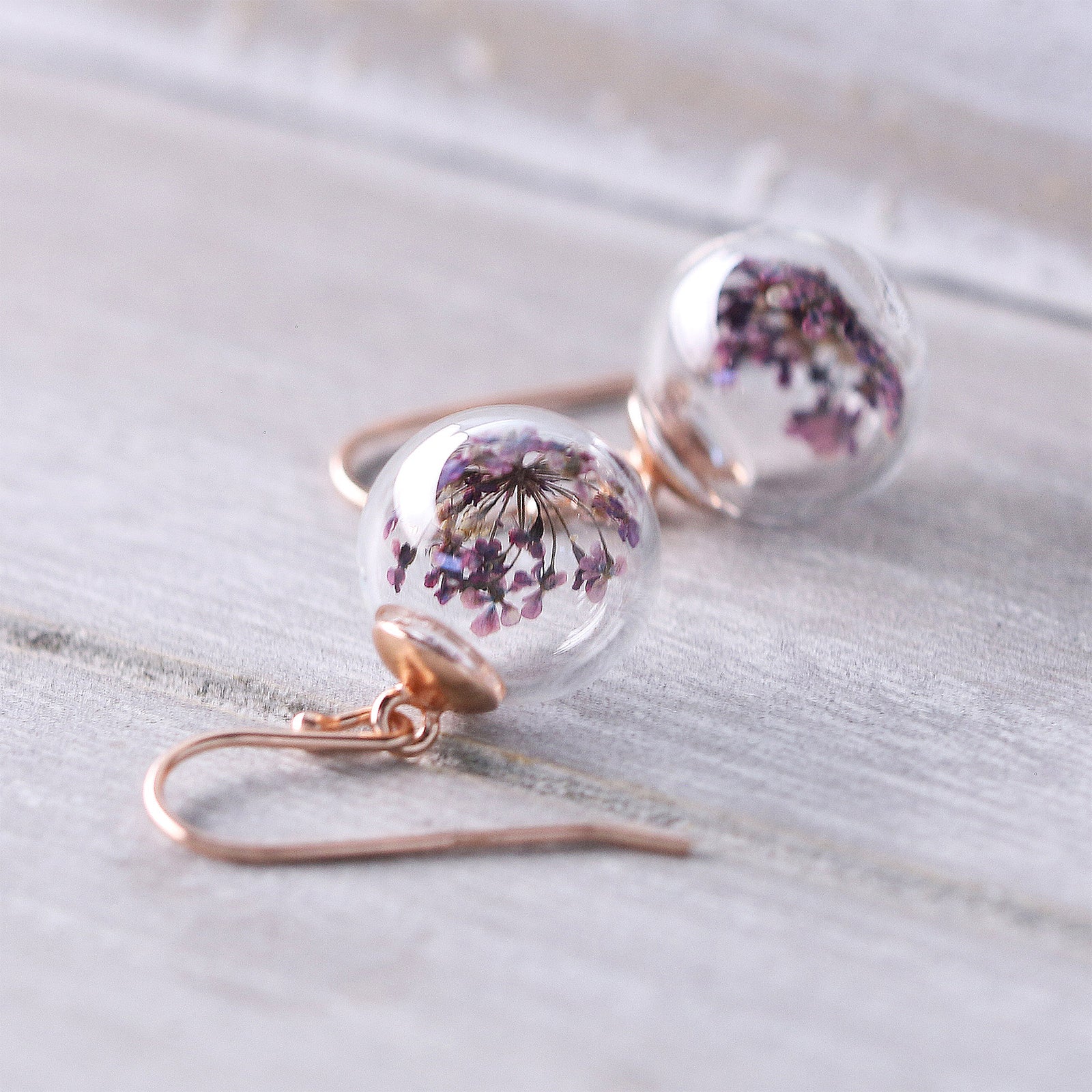 Earrings with real purple dill flowers - 925 sterling silver