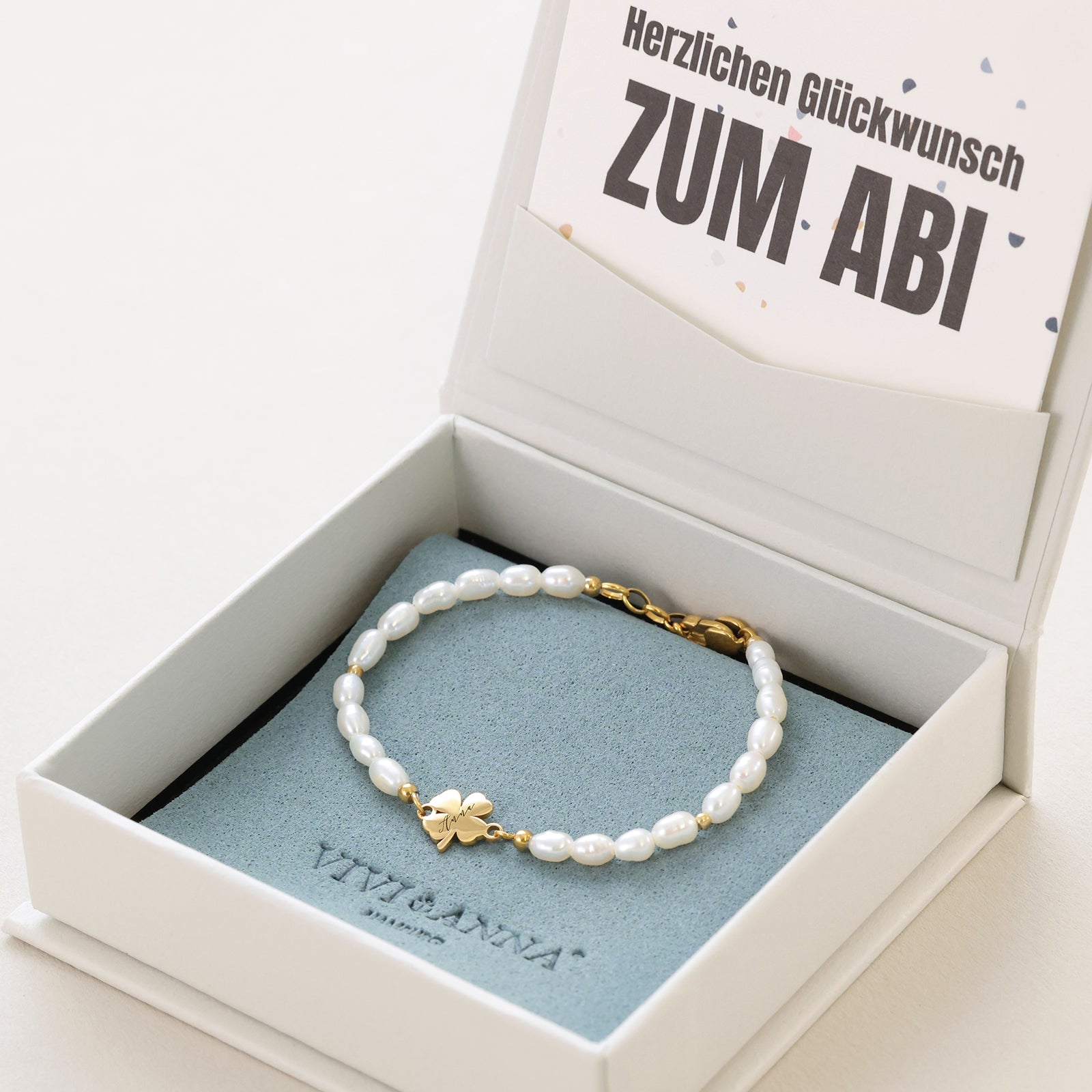 Kleeblatt Perlenarmband mit Gravur – Geschenk zum Abitur mit Karte Damen Armband VIVIANNASCHMUCK