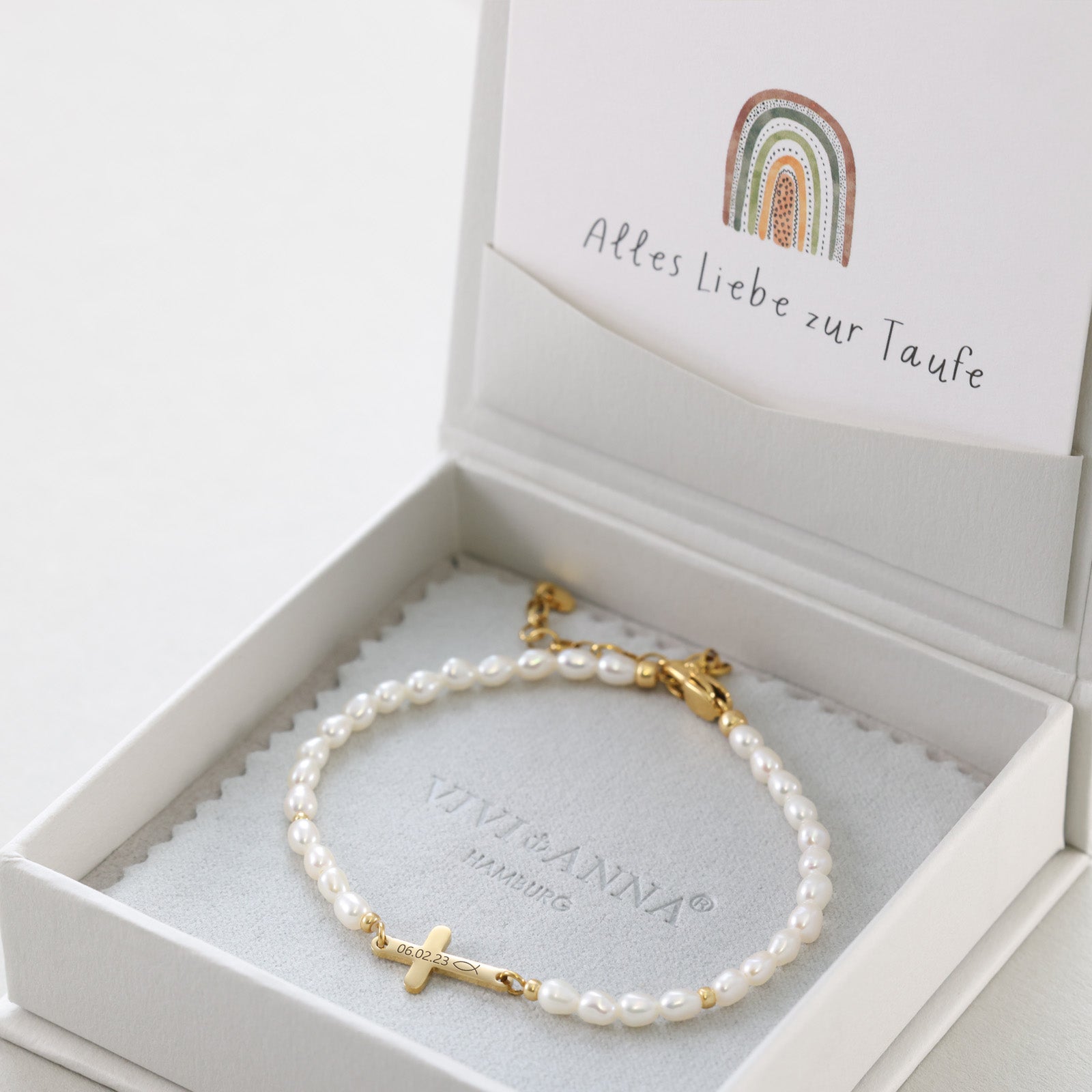 Perlenarmband mit Kreuz - Geschenk zur Taufe mit Karte Kinder Armband VIVIANNASCHMUCK