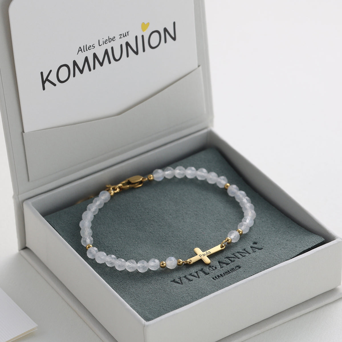 Mondstein Kreuz Armband - Geschenk zur Kommunion mit Karte