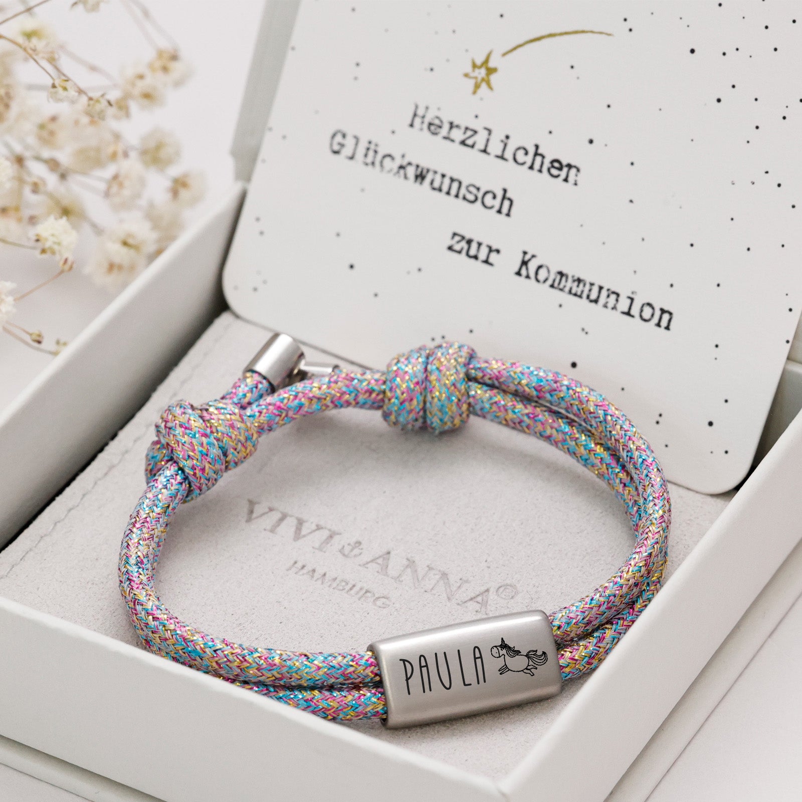 Glitzer Segeltau Armband - Geschenk zur Kommunion mit Karte Kinder Armband VIVIANNASCHMUCK