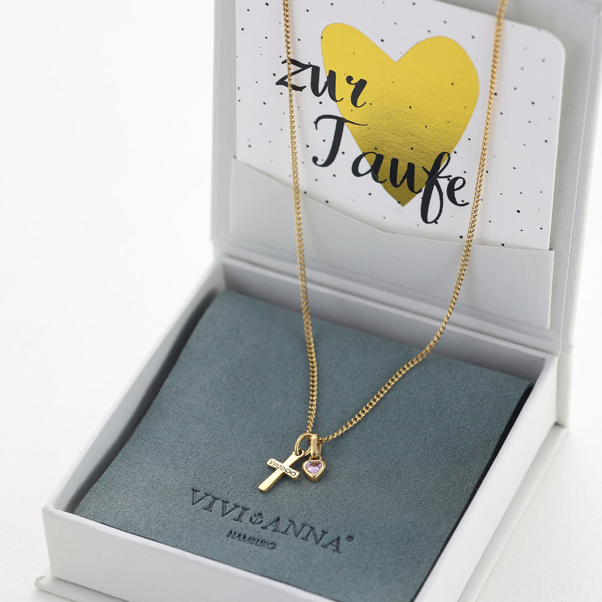 Taufkette mit Kreuz & Geburtsstein – für Mädchen, mit Karte