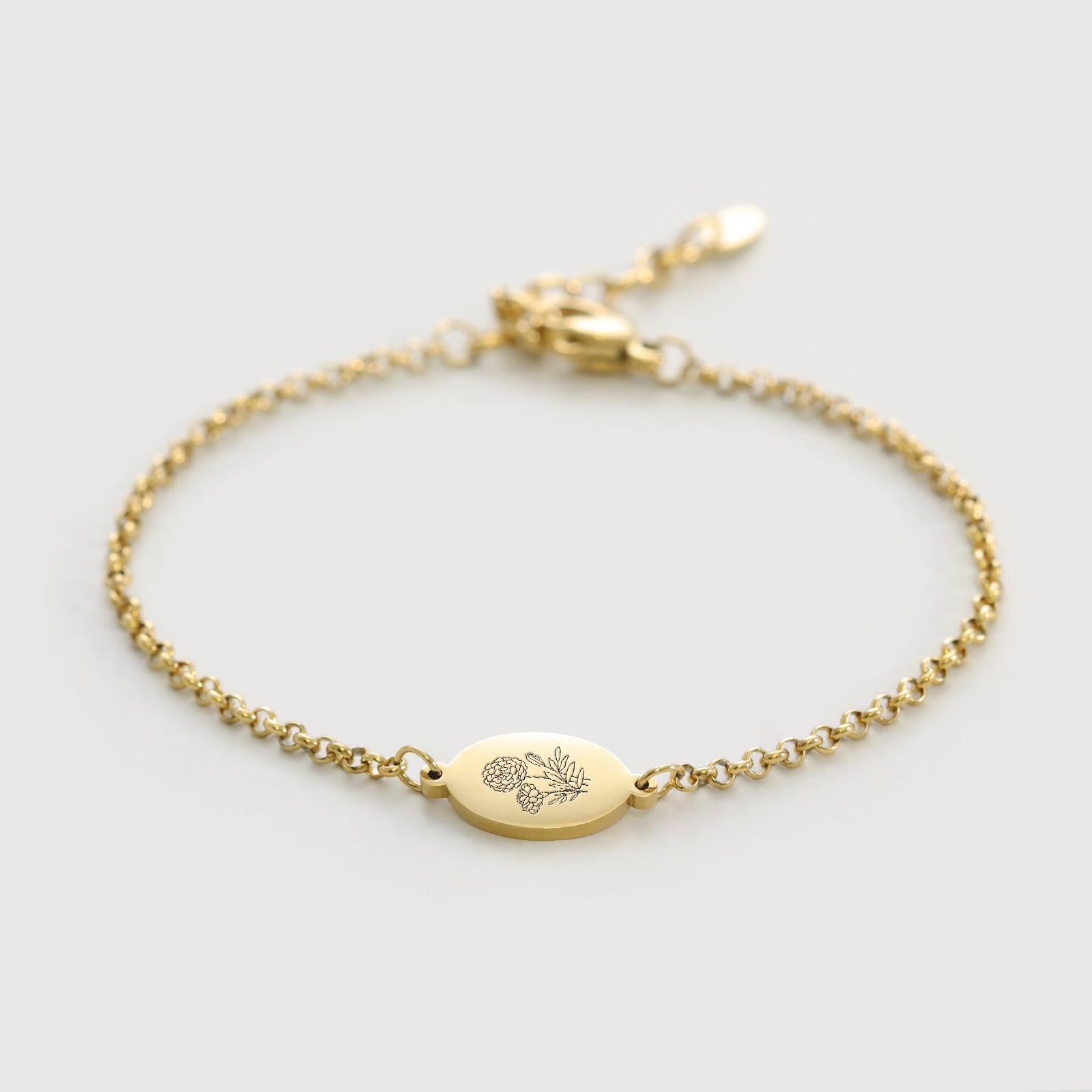 Geburtsblumen-Armband mit ovalem Gravurplättchen Damen Armband VIVIANNASCHMUCK