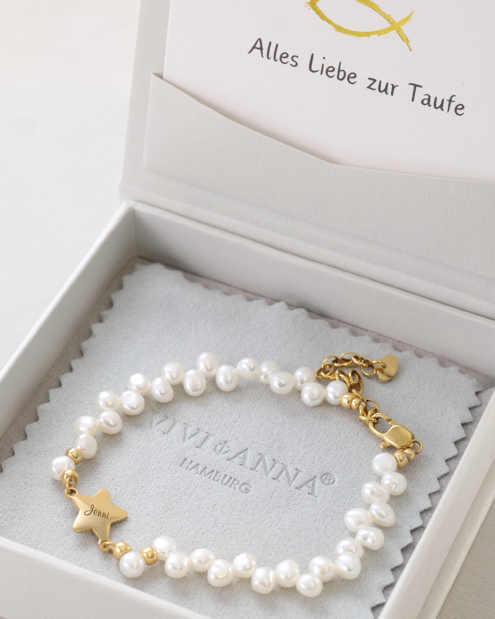 Perlenarmband mit Sternchen - Geschenk zur Taufe mit Karte Kinder Armband VIVIANNASCHMUCK