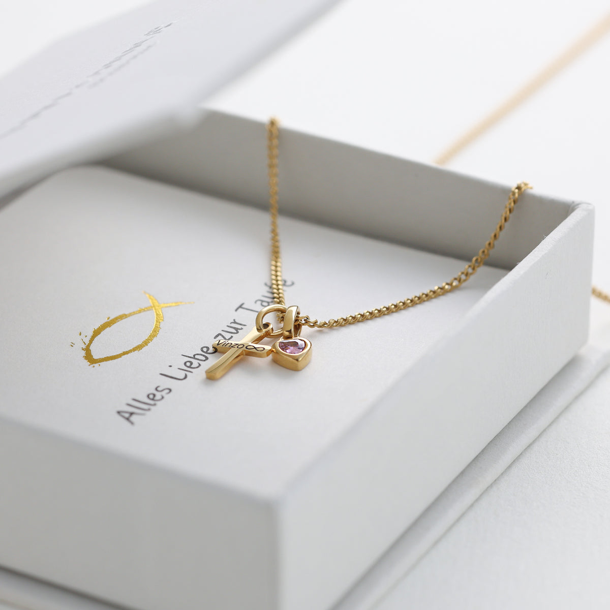 Christening Necklace with Cross & Birthstone – for Girls, with Card