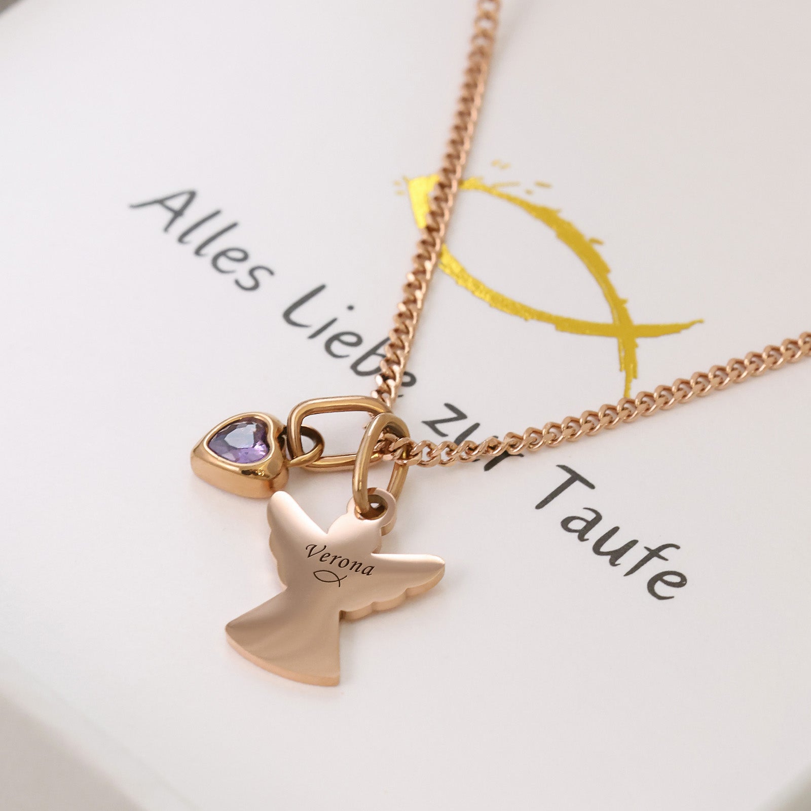 Schutzengel-Kette mit Herz Geburtsstein - Geschenk zur Taufe mit Karte Kinder Halsketten VIVIANNASCHMUCK
