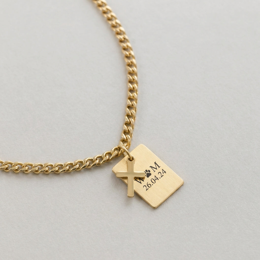 Rechteckige Gravurkette mit Kreuz Herren Halskette VIVIANNASCHMUCK