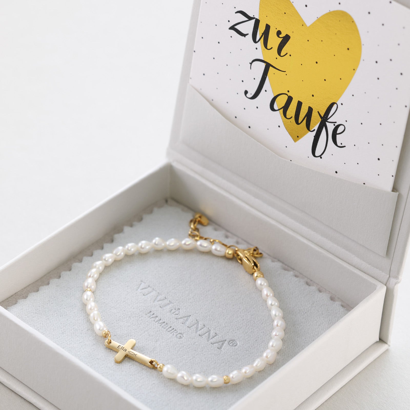 Perlenarmband mit Kreuz - Geschenk zur Taufe mit Karte Kinder Armband VIVIANNASCHMUCK