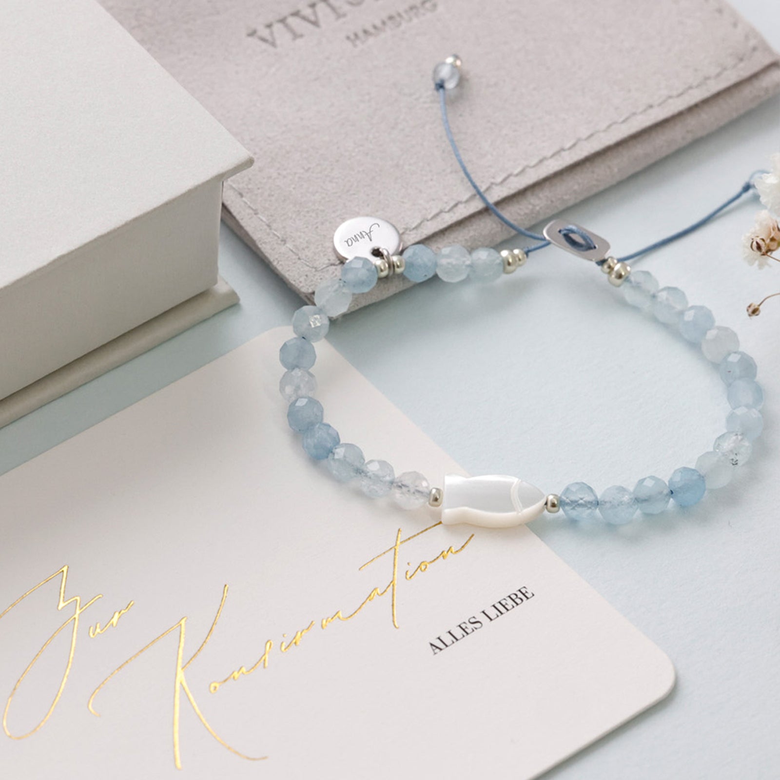 Aquamarine Mother of Pearl Ichthys Bracelet - Confirmation Gift with Card - 925 Sterling Silver
