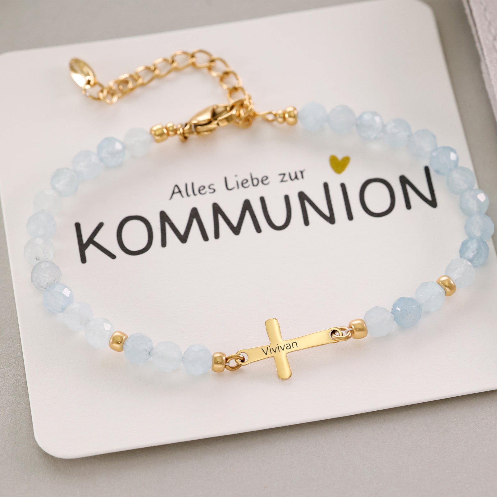 Aquamarin Kreuz Armband - Geschenk zur Kommunion mit Karte Damen Armband VIVIANNASCHMUCK