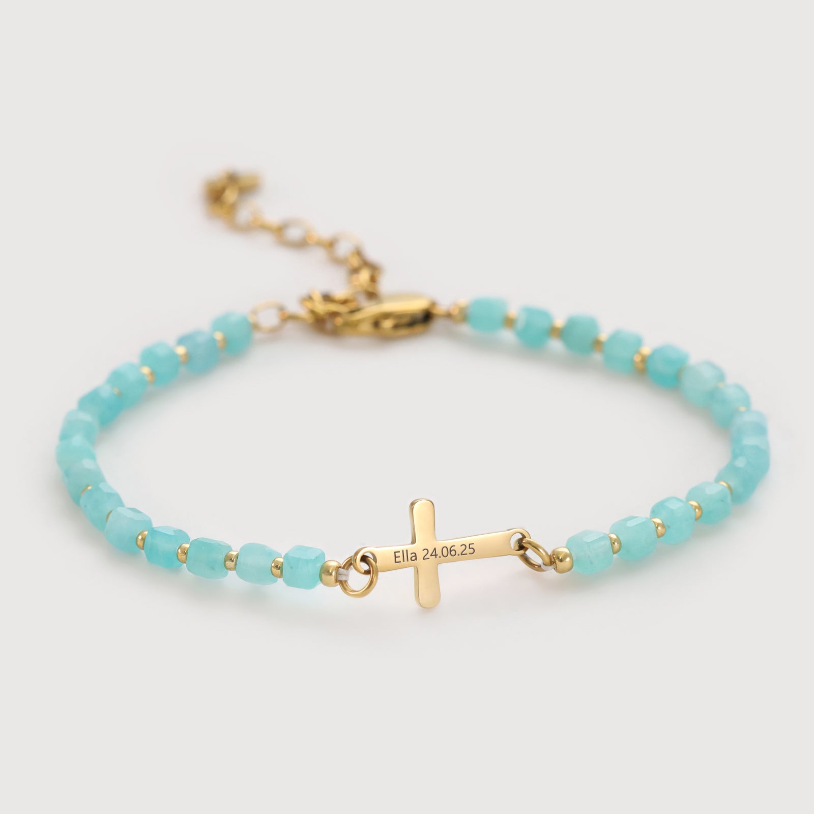 Amazonit-Perlenarmband mit personalisierbarem Kreuz Damen Armband VIVIANNASCHMUCK