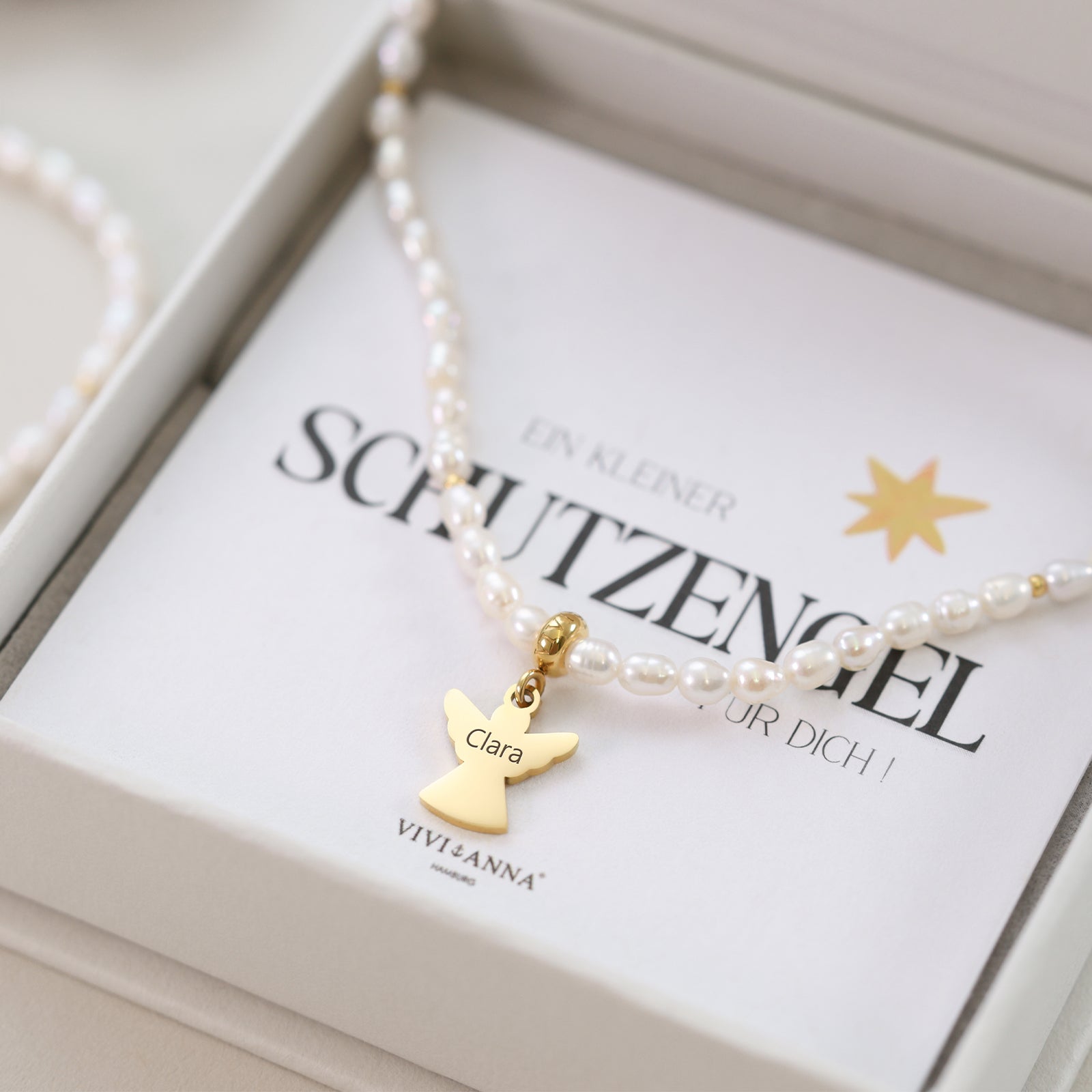 Schutzengel Perlenkette mit Gravur - Geschenk mit Karte Damen Halskette VIVIANNASCHMUCK
