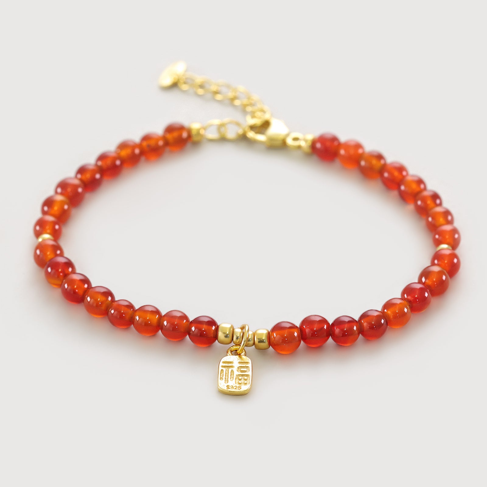 Karneol Armband mit chinesischem „福“-Anhänger – 925er Sterling Silber