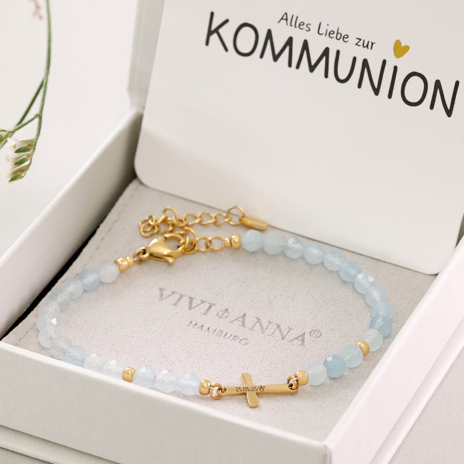 Aquamarin Kreuz Armband - Geschenk zur Kommunion mit Karte Damen Armband VIVIANNASCHMUCK